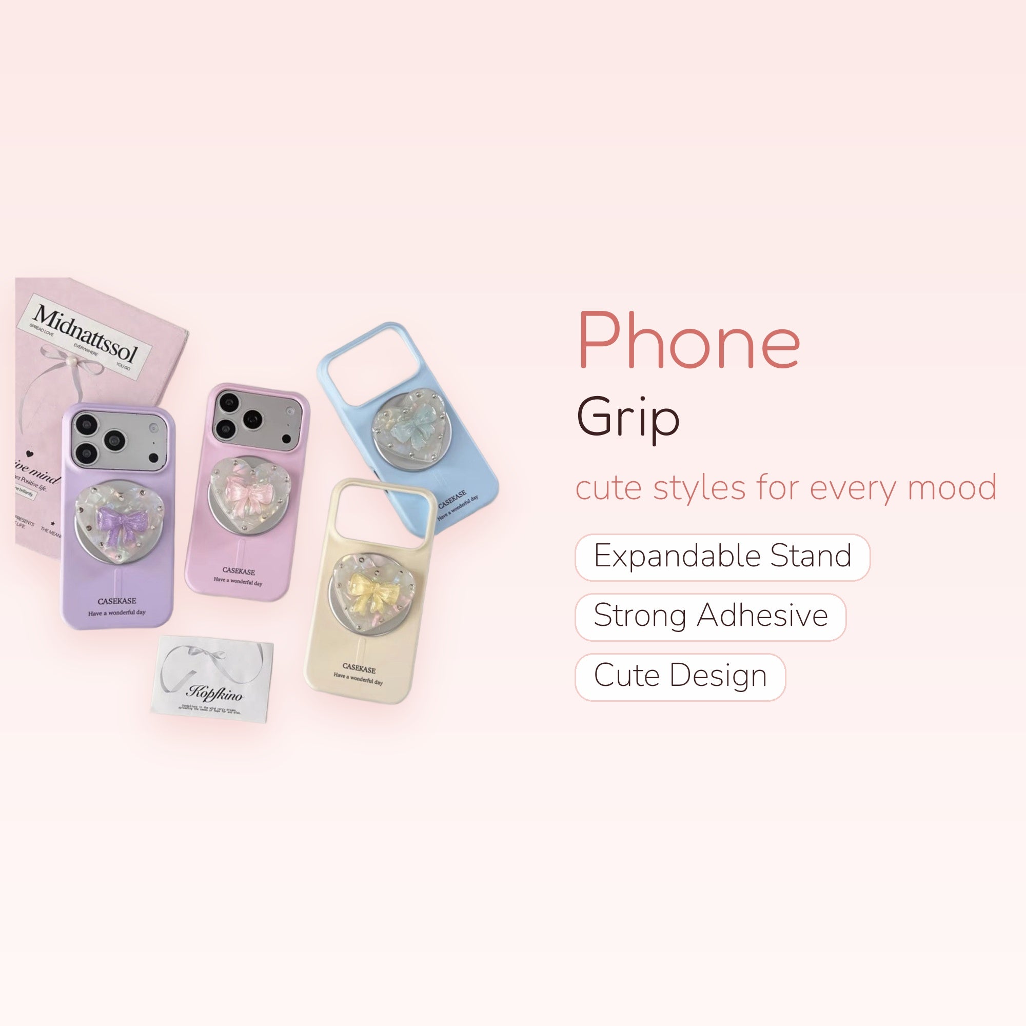 Pastel Heart Bow Phone Grip | Cute Iridescent Pop Socket Stand