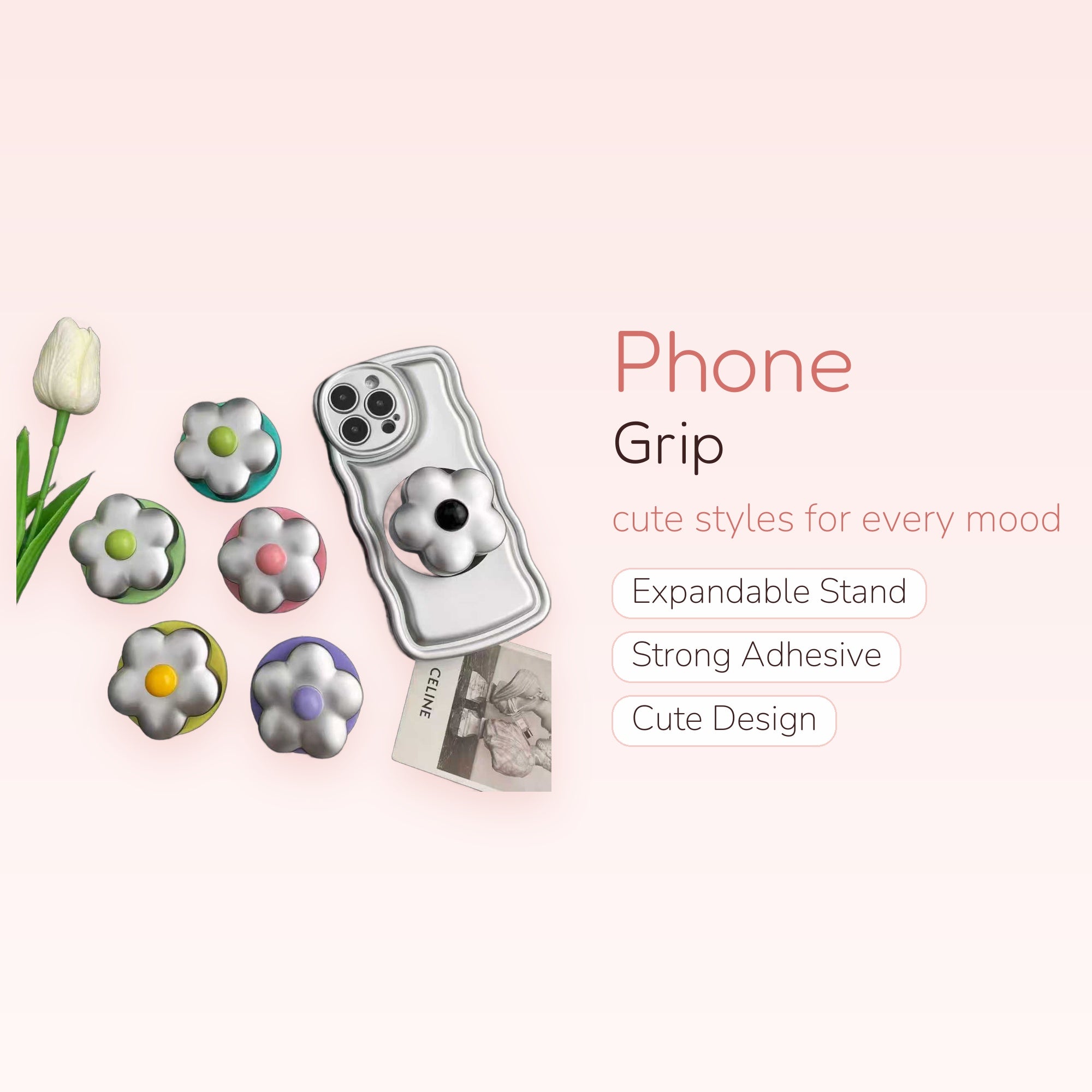 Cute Silver Flower Phone Grip | Y2K Daisy Pop Socket Stand