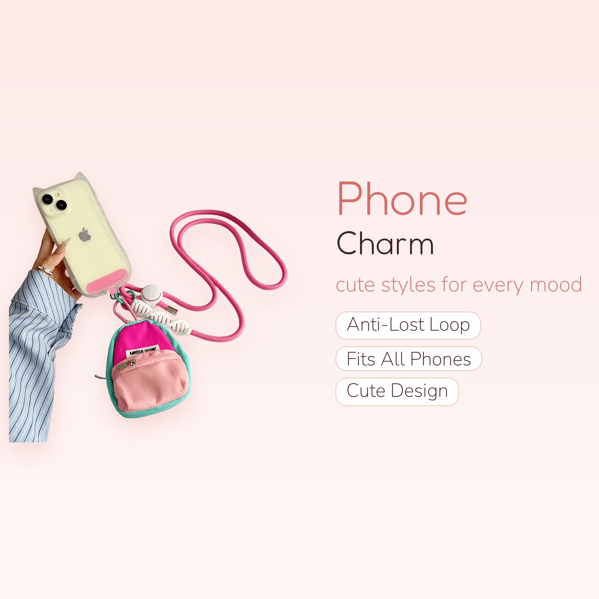 Cute Mini Backpack Phone Charm Lanyard | Pink & Teal Crossbody Phone Strap