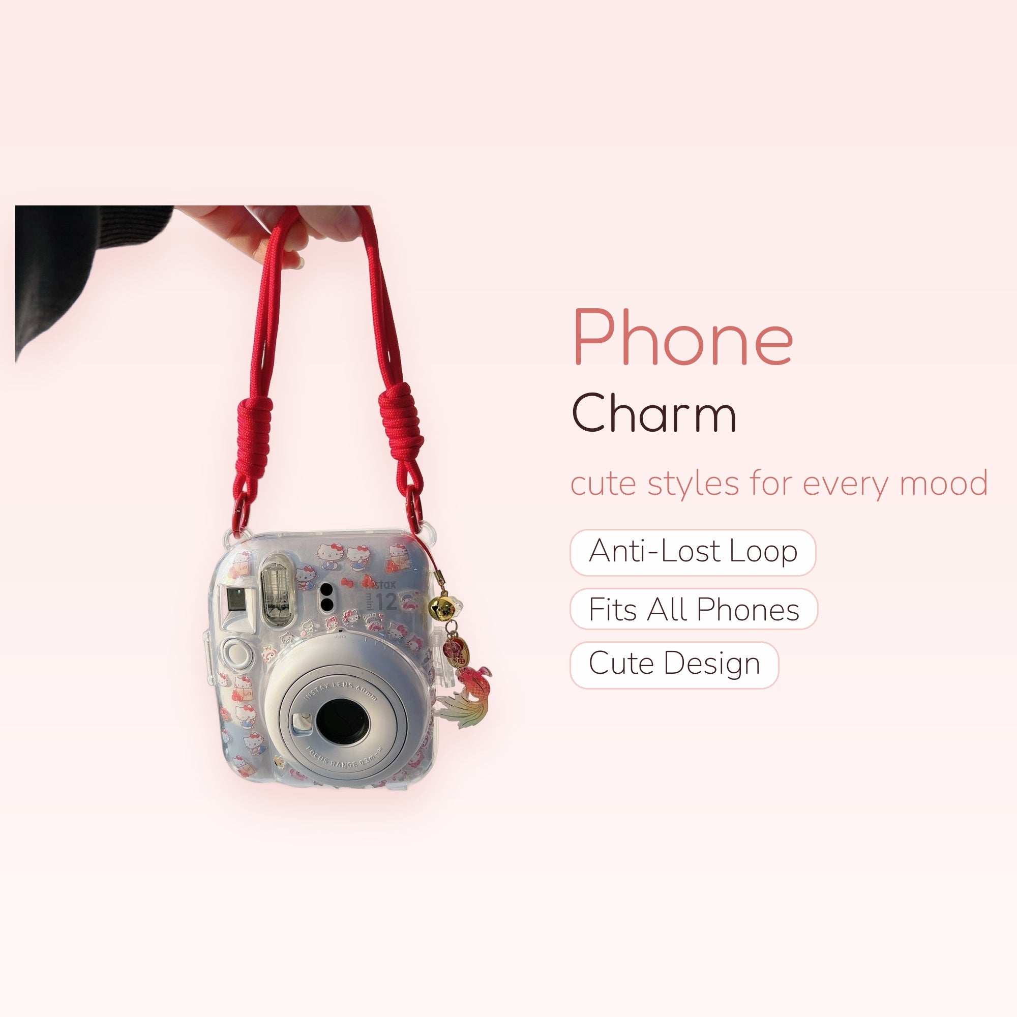 Kawaii Hello Kitty Clear Camera Case with Red Rope Strap | Cute Fish Charm Lanyard