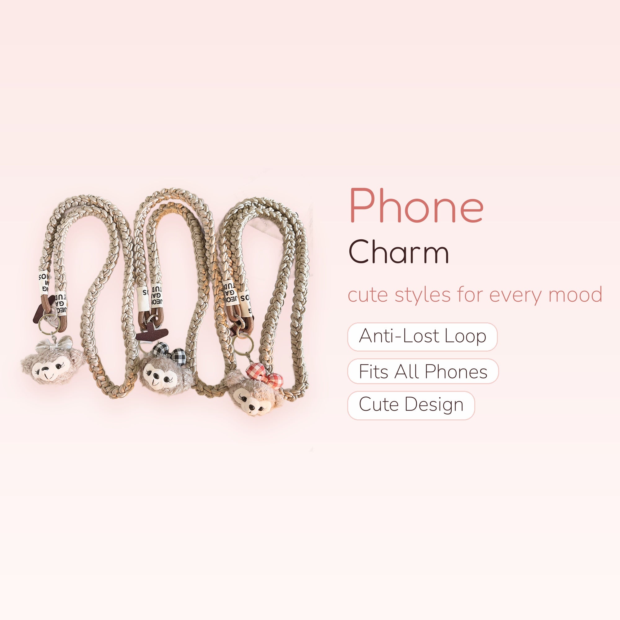 Kawaii Braided Rope Phone Charm Lanyard | Cute Plush Monkey Head Strap