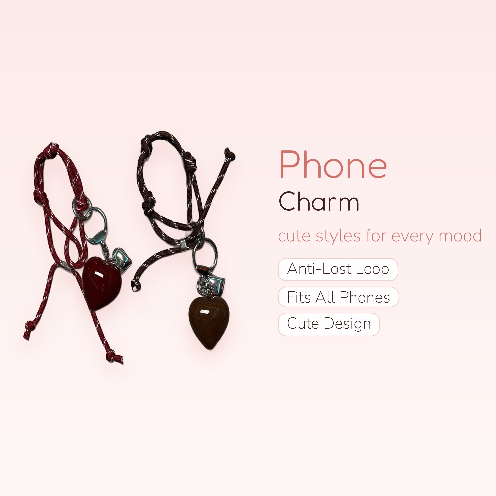 Cute Heart Charm Phone Strap | Aesthetic Rope Wrist Lanyard