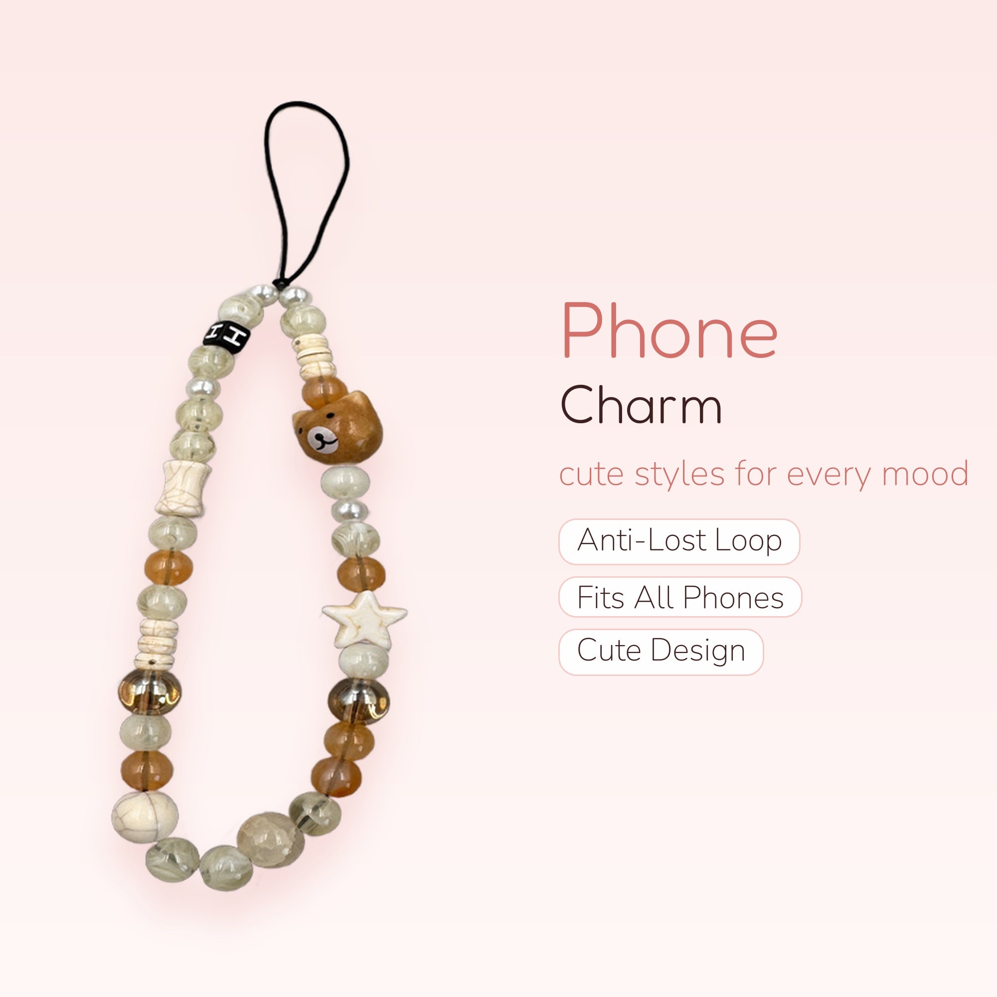 Cute Bear & Star Beaded Phone Charm | Aesthetic Pearl & Amber Wrist Strap