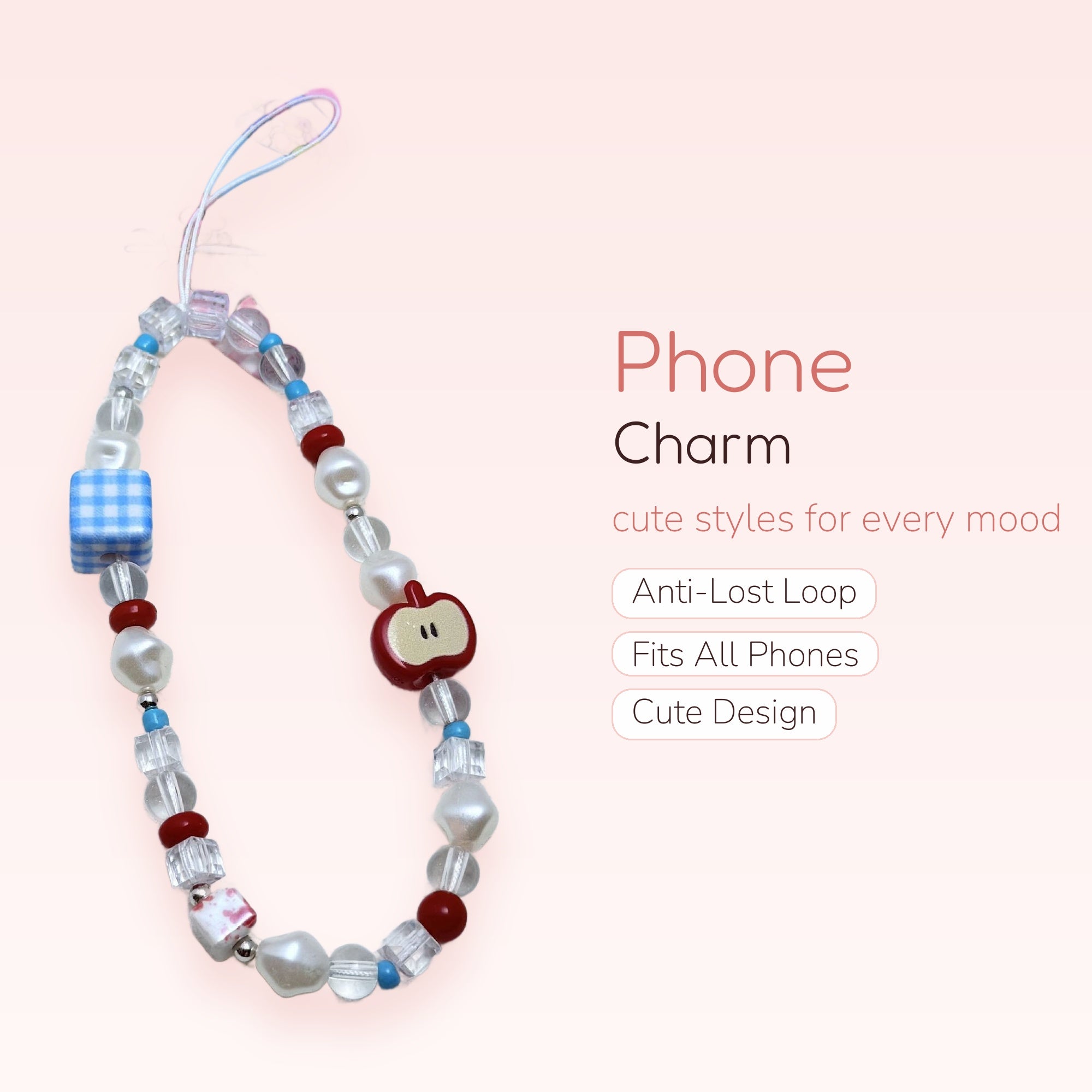 Kawaii Pearl & Apple Phone Charm Strap | Cute Beaded Wrist Lanyard with Gingham Cube