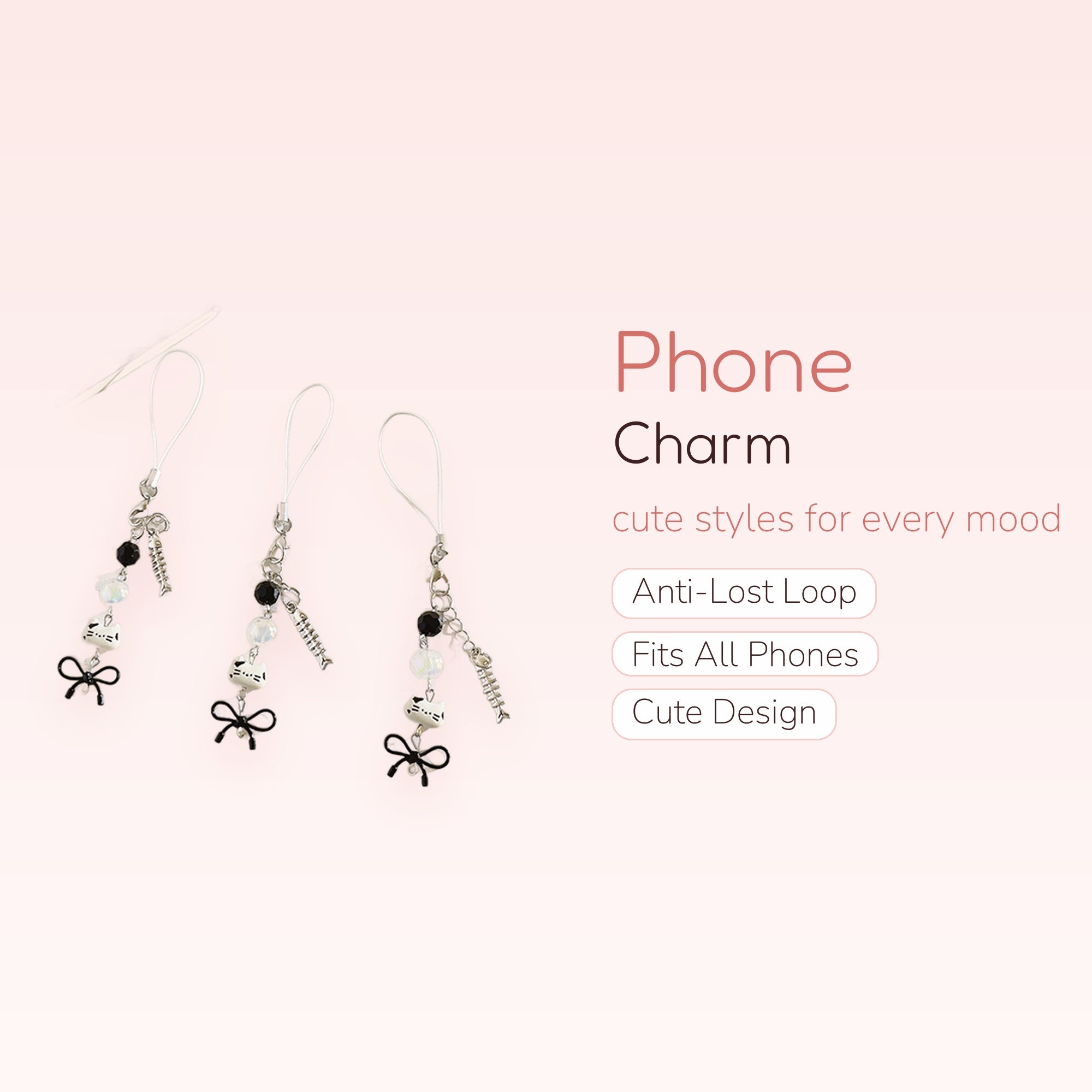 Cute Cat & Fishbone Phone Charm Strap | Black & White Beaded Wrist Lanyard