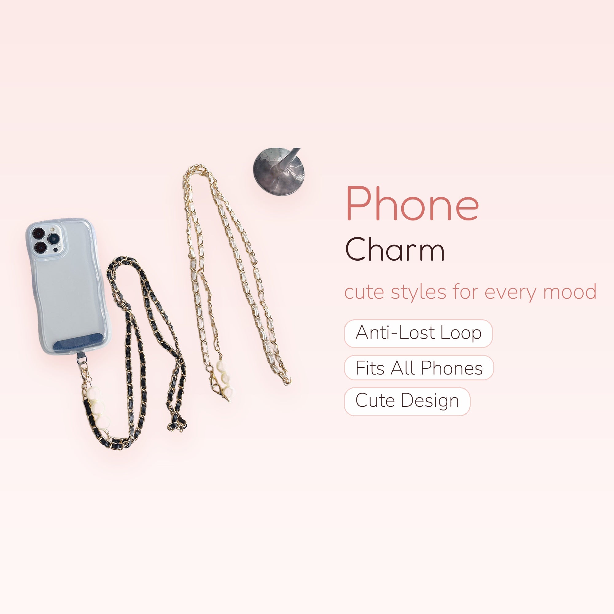 Aesthetic Pearl & Gold Chain Phone Charm Lanyard | Chic Black & White Crossbody Strap