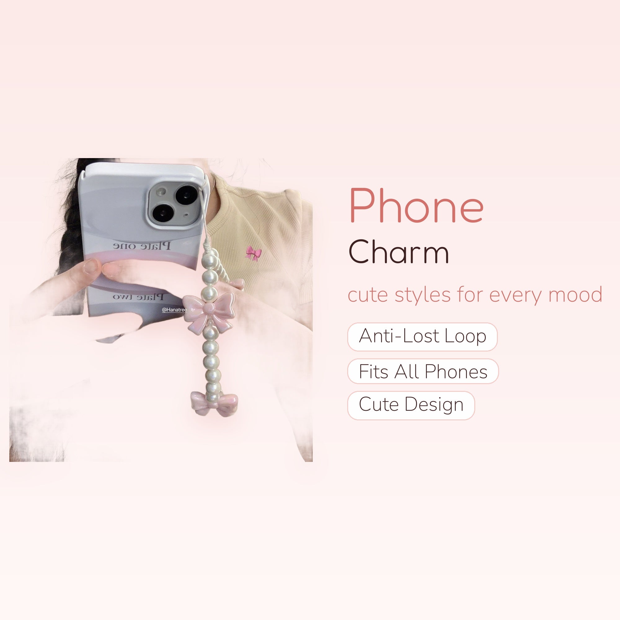 Kawaii Pastel Pink Bow Pearl Phone Charm Strap | Cute Beaded Wrist Lanyard