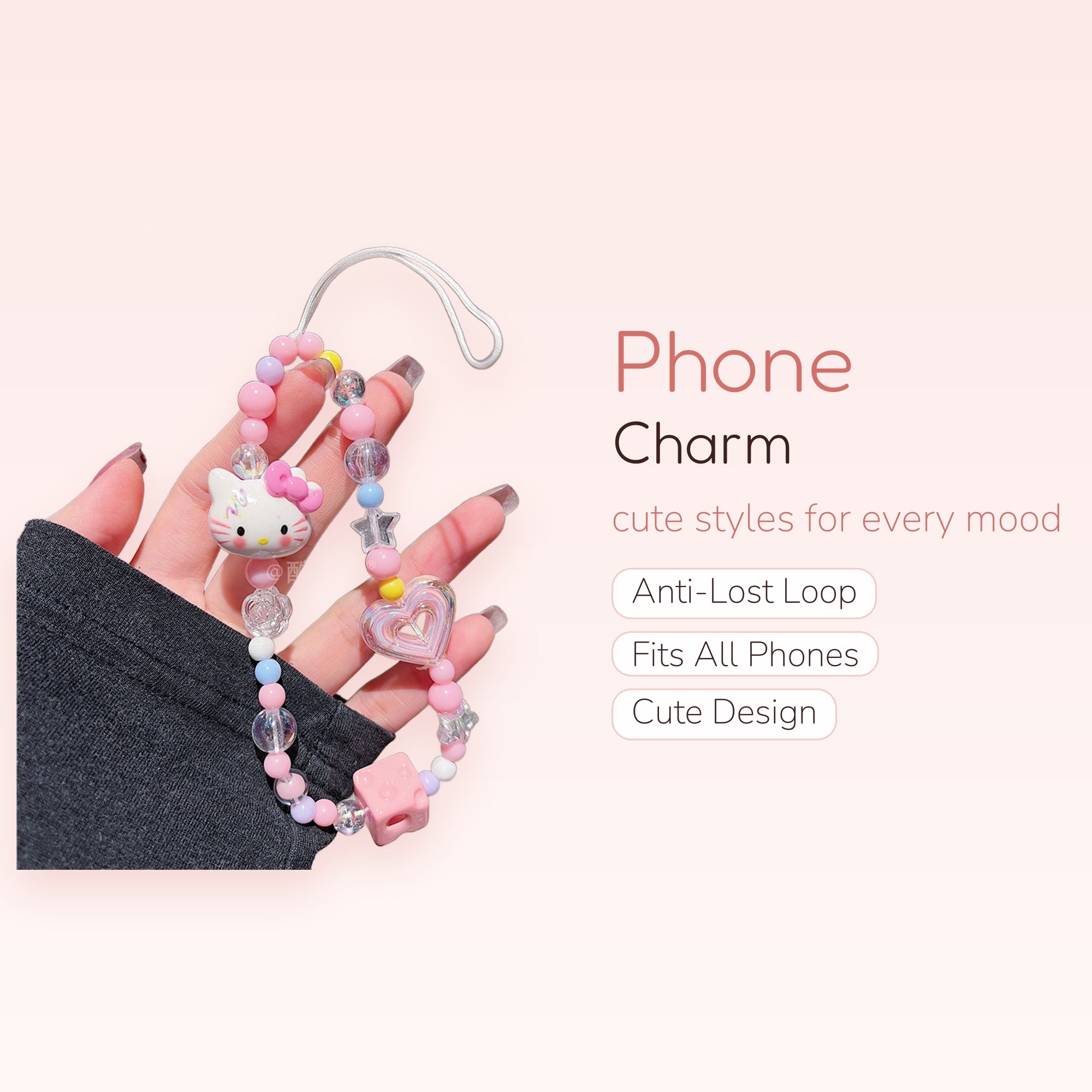 Kawaii Hello Kitty & Heart Beaded Phone Charm | Pastel Pink Wrist Lanyard Strap