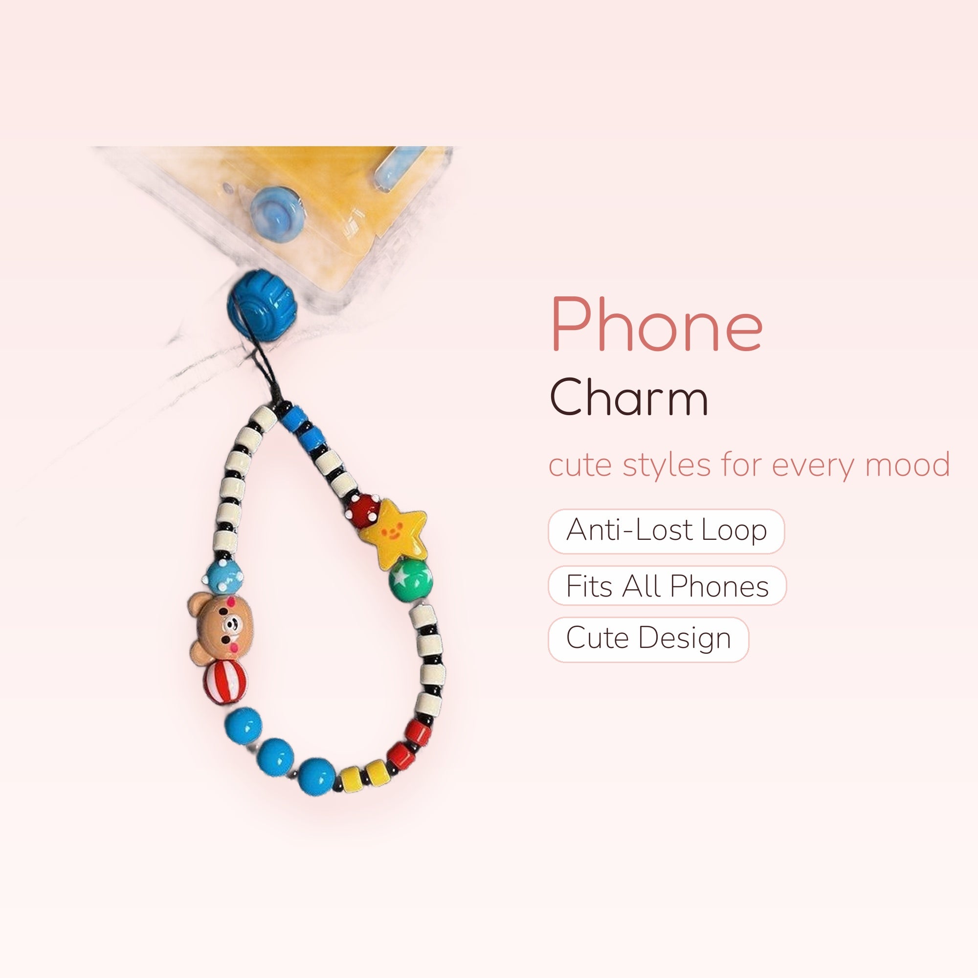 Y2K Beaded Phone Charm Strap | Cute Bear & Star Wrist Lanyard