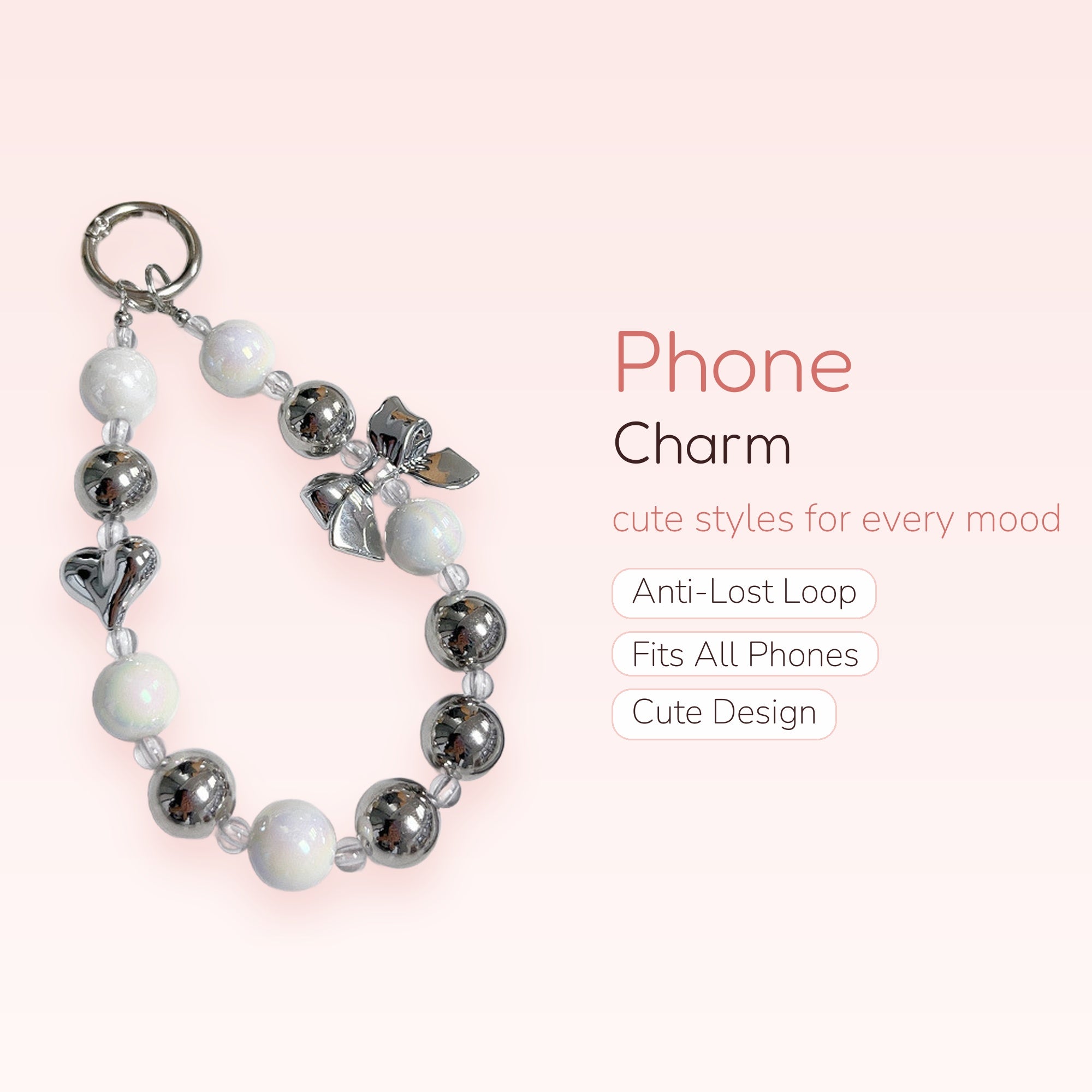 Y2K Silver & Iridescent Pearl Phone Charm | Aesthetic Beaded Wrist Strap with Heart & Bow