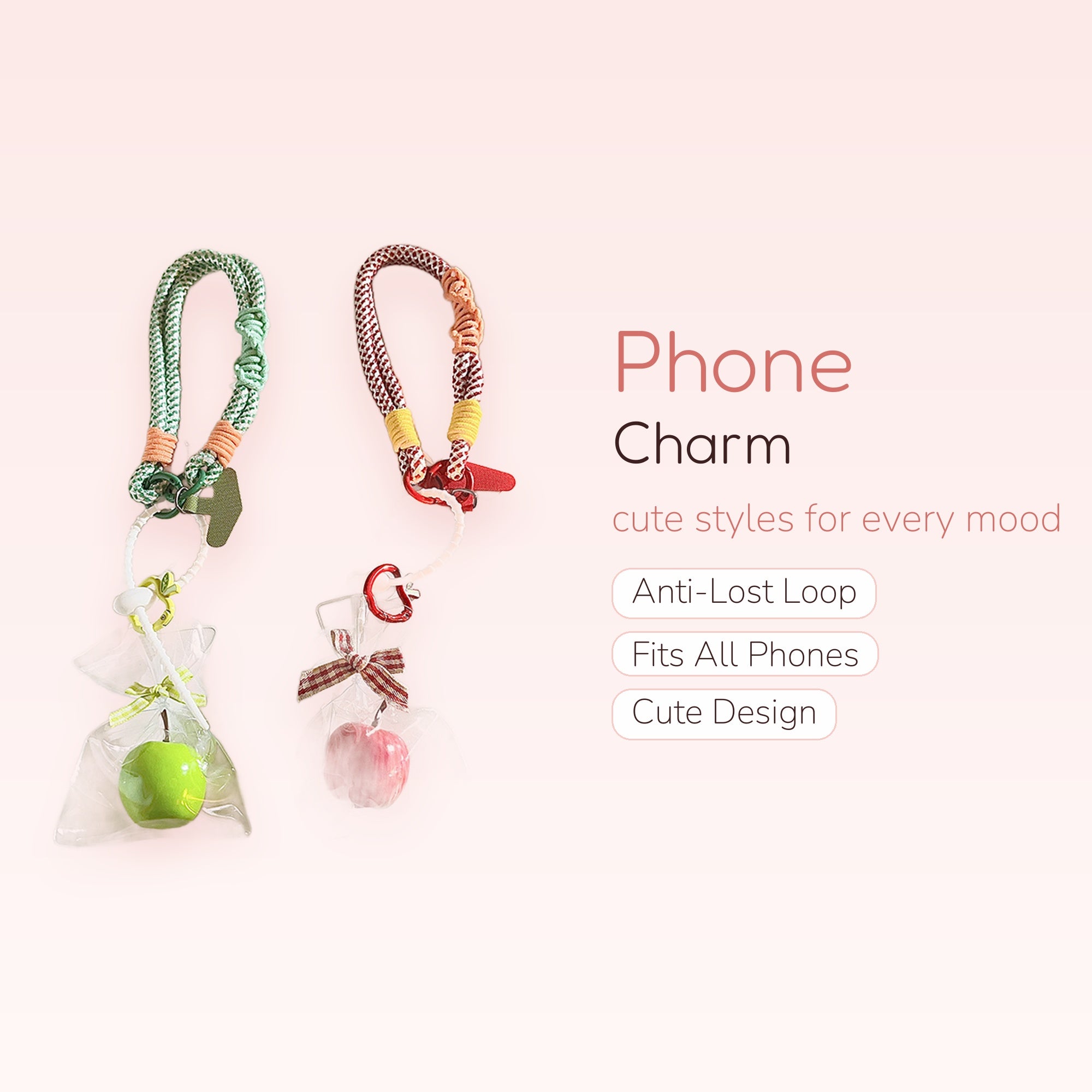 Kawaii Braided Rope Phone Charm | Cute Apple Fruit Wrist Strap Lanyard