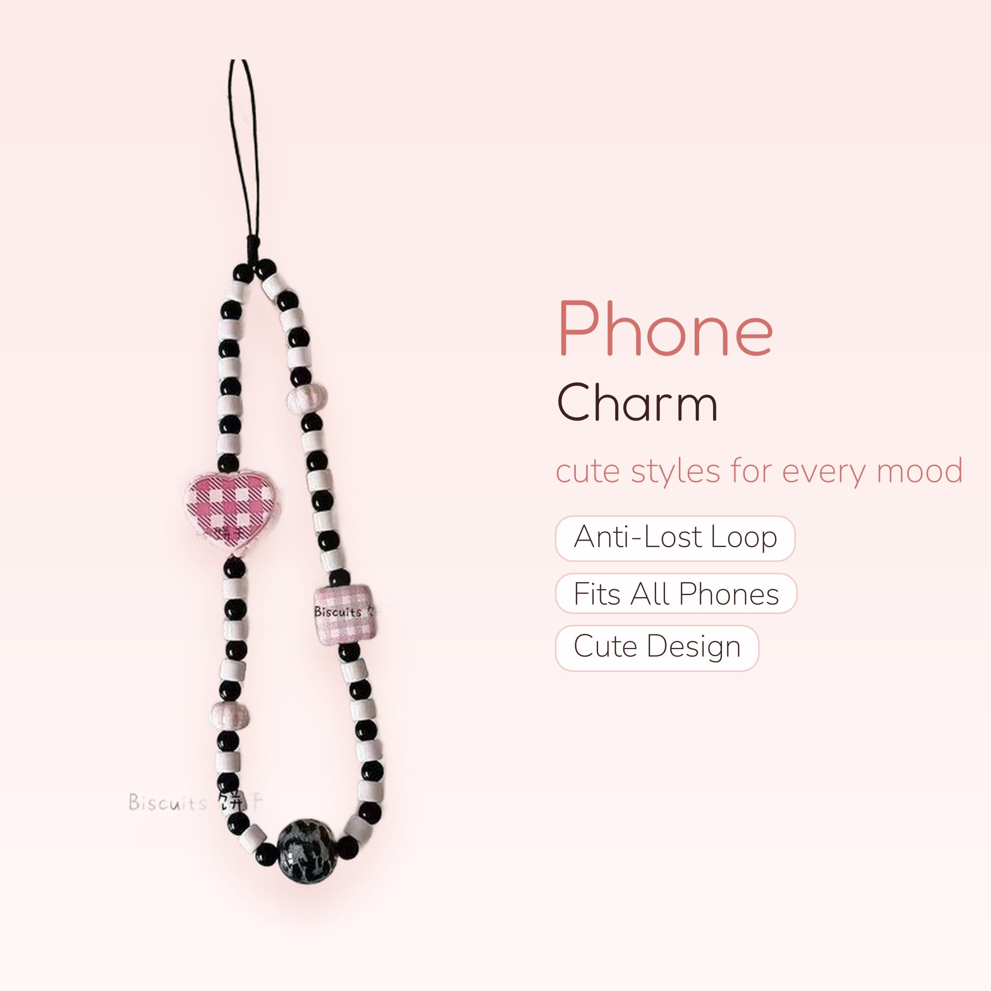 Kawaii Pink & Black Beaded Phone Charm Strap with Gingham Heart | Aesthetic Wrist Lanyard