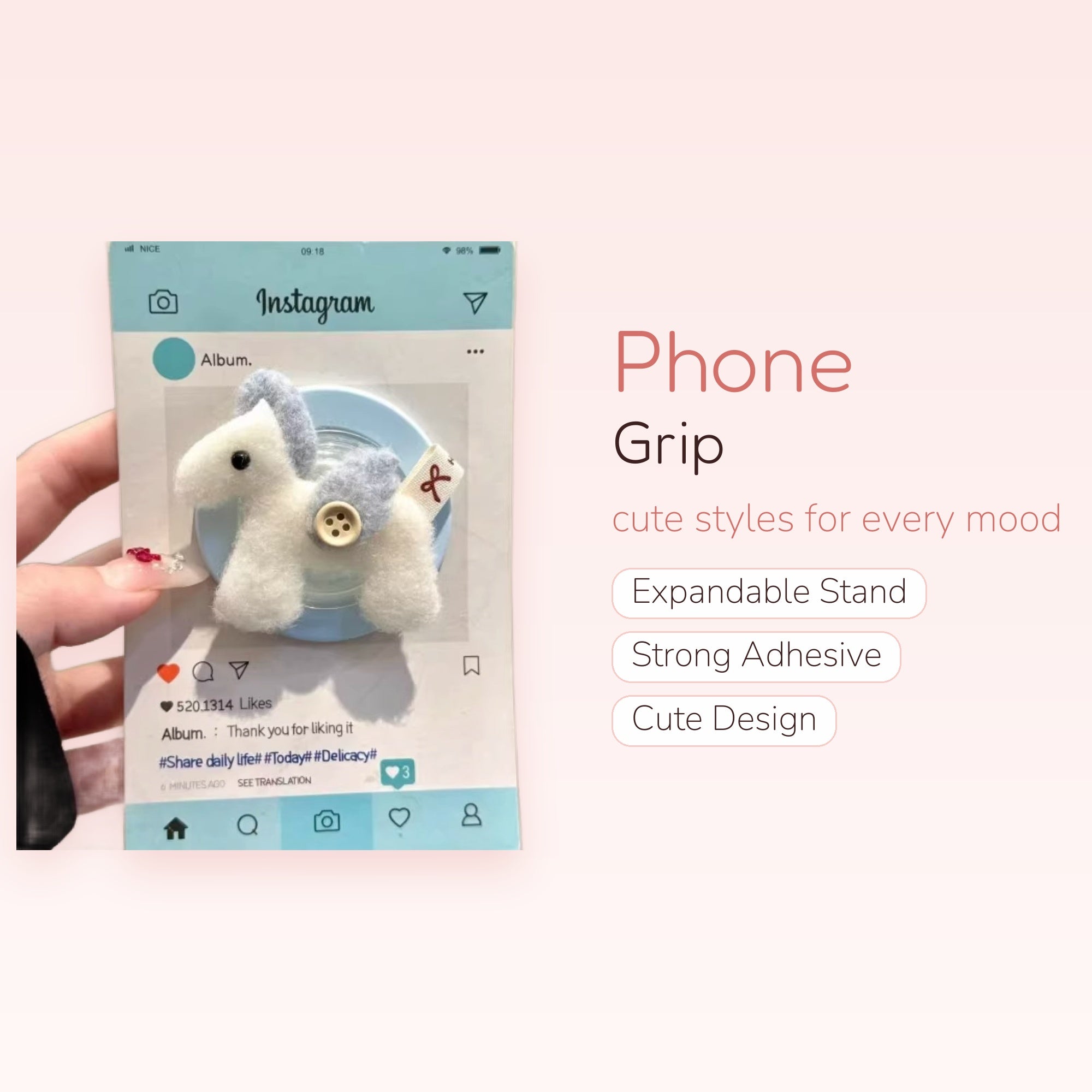 Cute White & Blue Felt Horse Phone Grip | Kawaii Pop Socket Stand for Girls