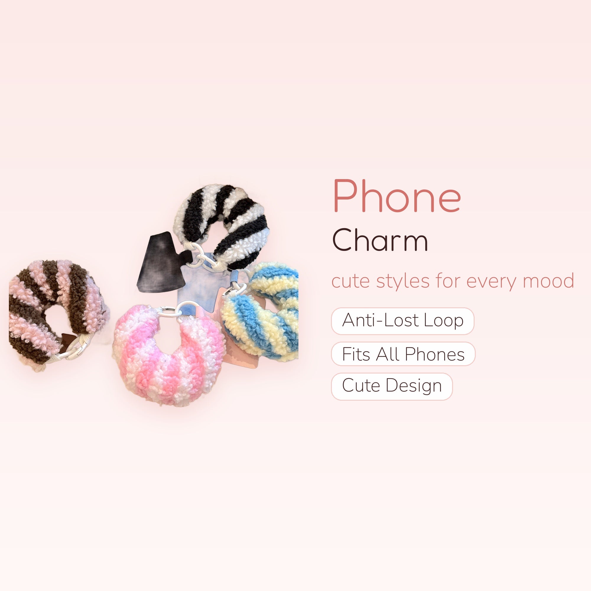Fluffy Striped Wrist Phone Charm | Soft Plush Donut Lanyard
