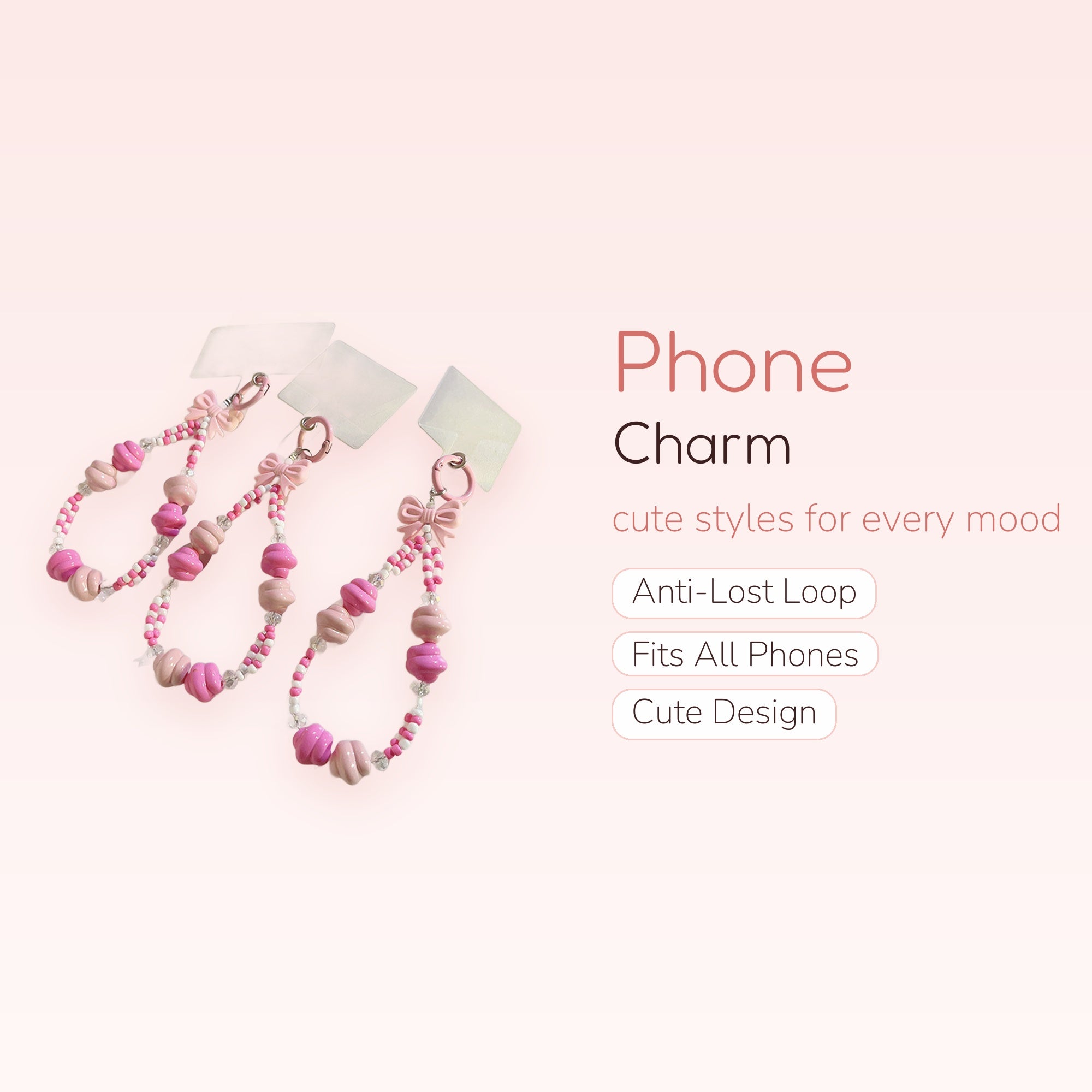 Pink Bow Beaded Phone Charm | Kawaii Pastel Wrist Strap Lanyard