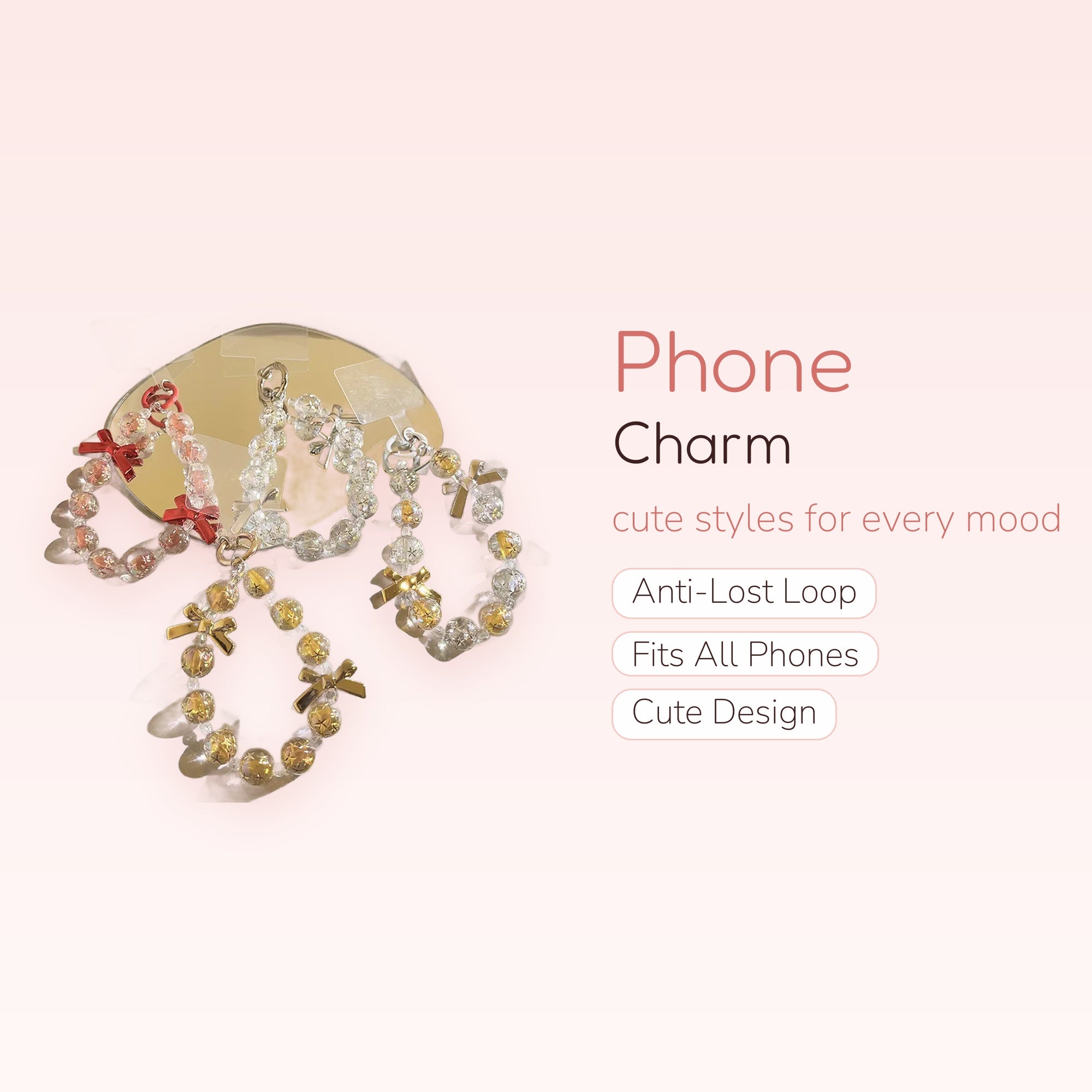 Sparkling Bowknot Beaded Phone Charm | Cute Clear & Gold Wrist Strap