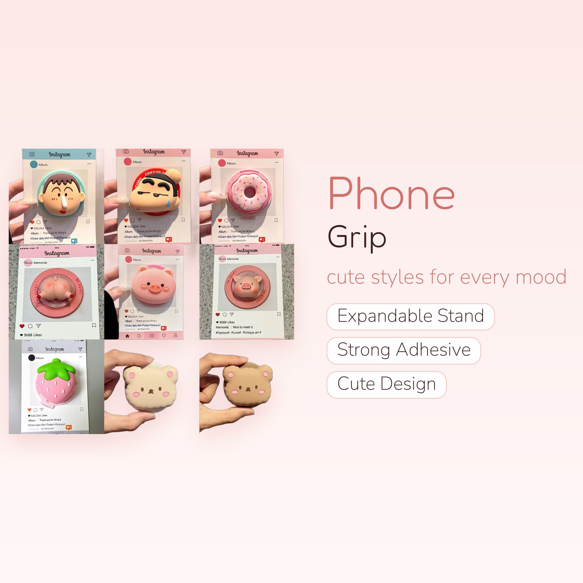Assorted Kawaii Character & Food Phone Grips | Cute Silicone Pop Socket Stands