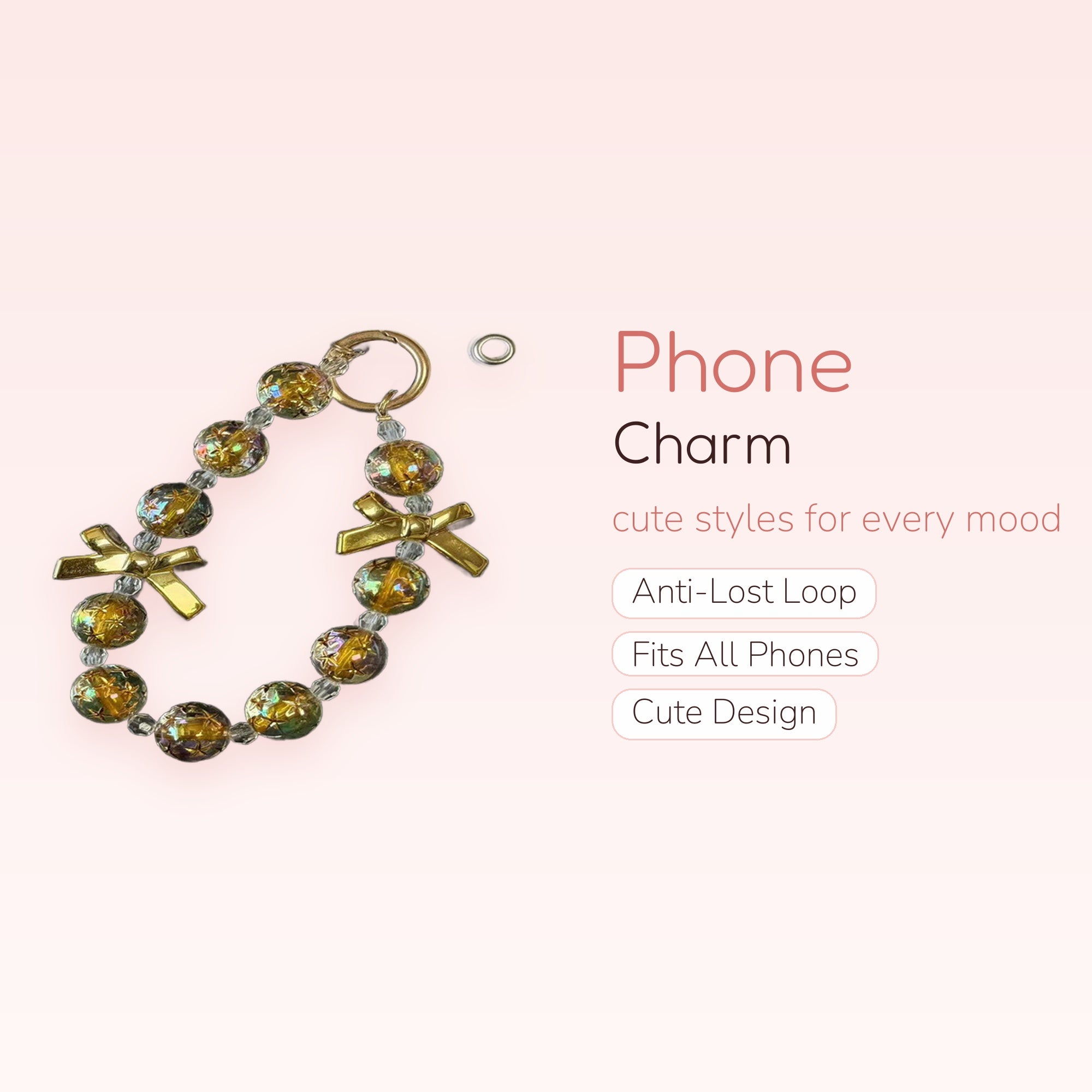 Iridescent Gold Bow Phone Charm | Aesthetic Beaded Wrist Lanyard