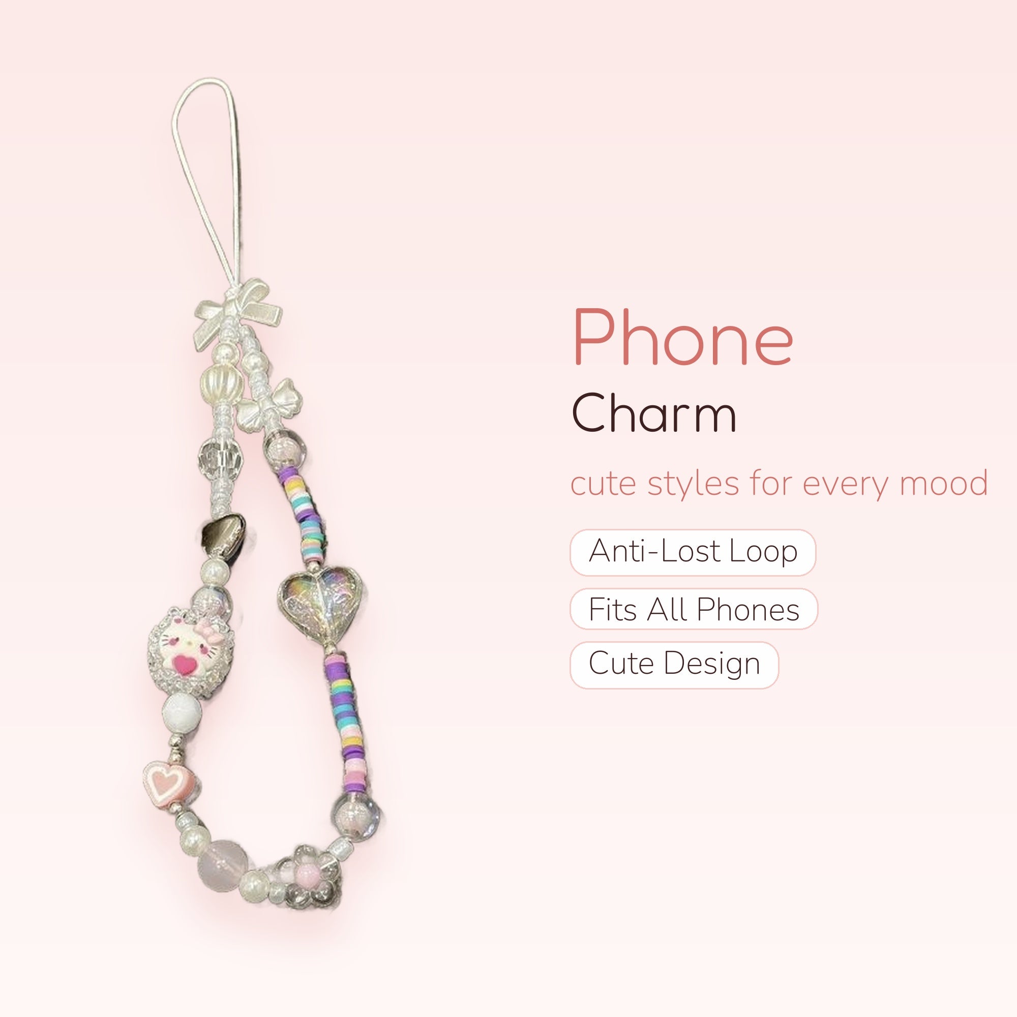 Kawaii Hello Kitty & Heart Phone Charm | Pastel Beaded Wrist Lanyard