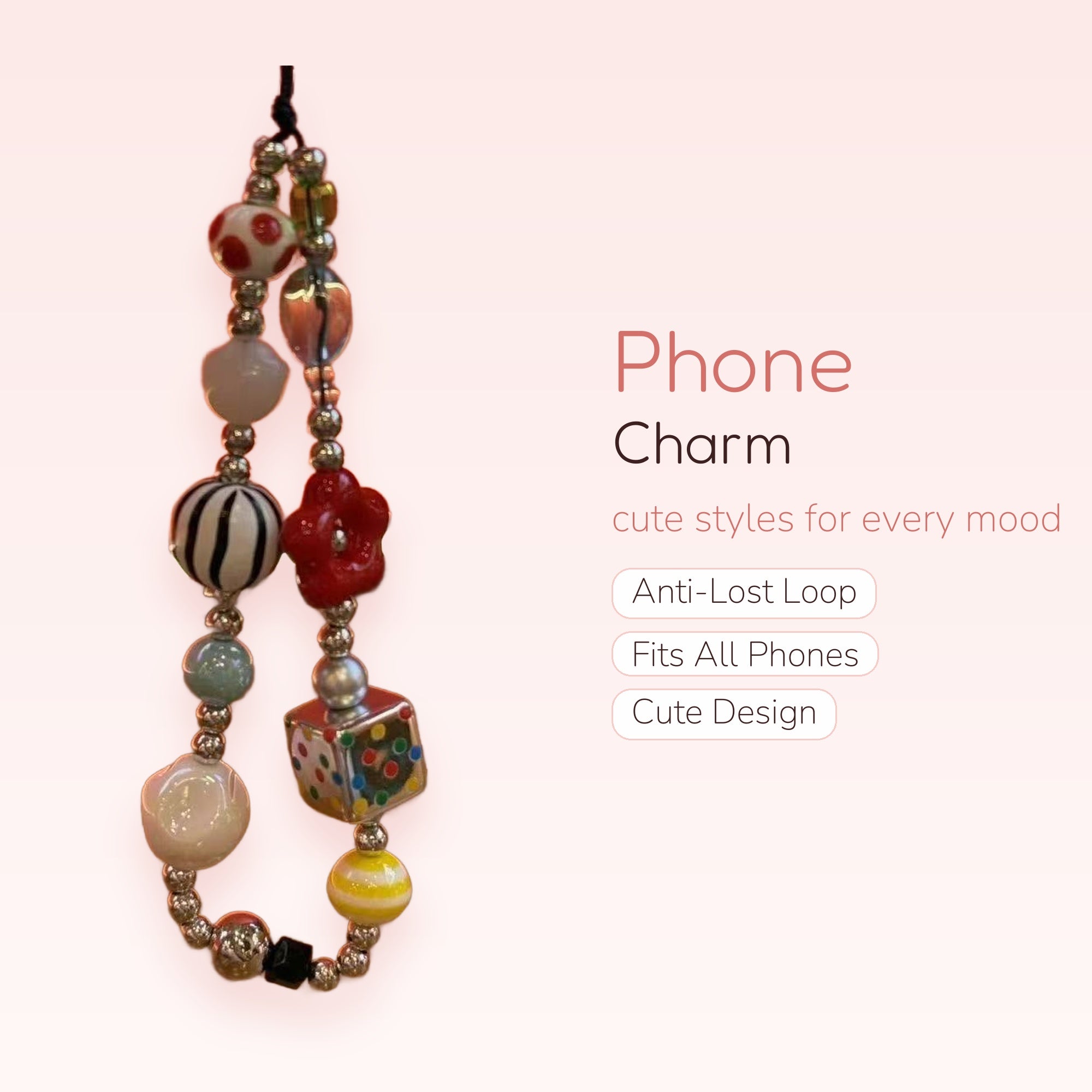 Colorful Beaded Phone Charm Strap | Kawaii Dice & Flower Wrist Lanyard