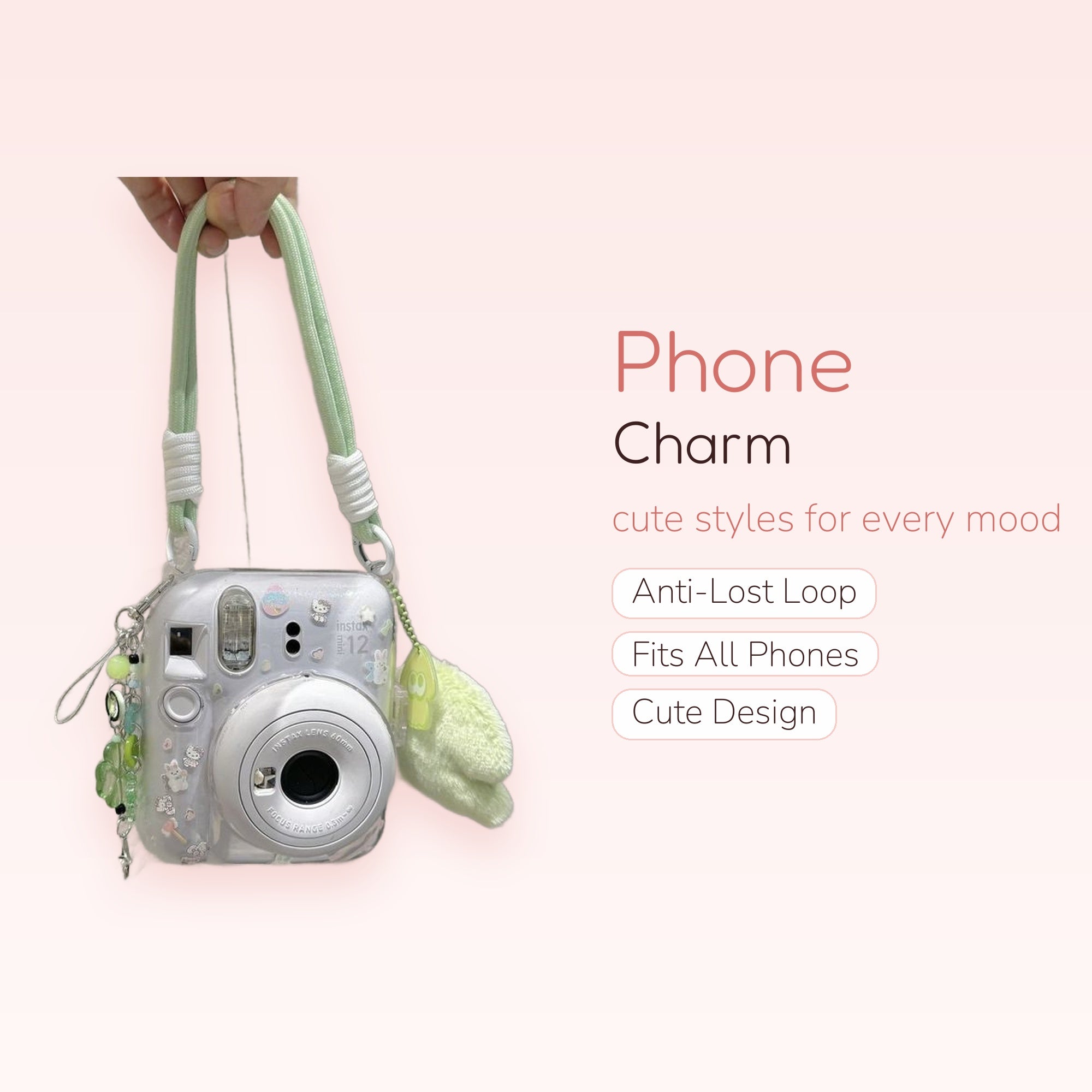 Kawaii Clear Instax Camera Case with Green Beaded Charm & Fluffy Bunny | Aesthetic Camera Strap