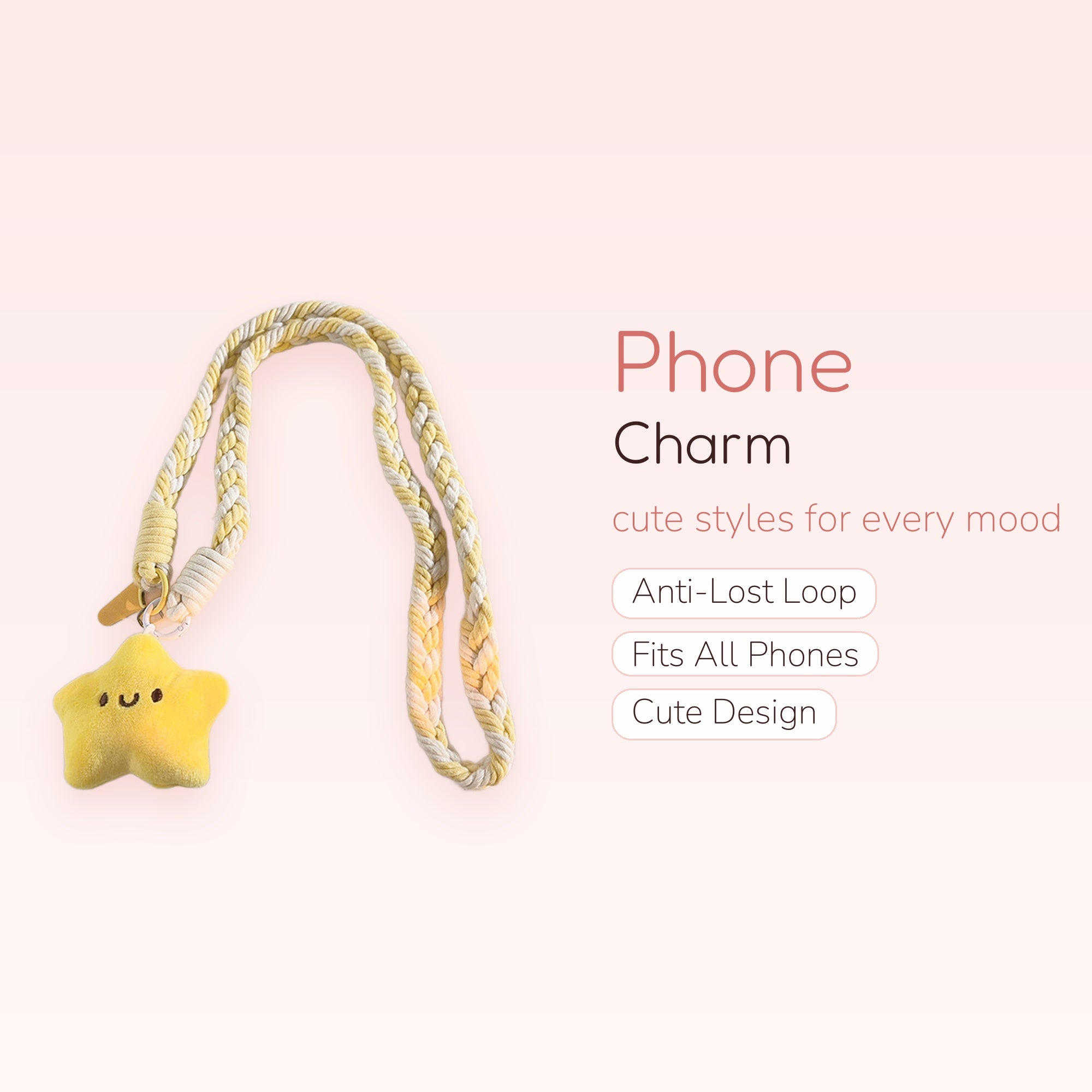 Cute Yellow Braided Phone Charm Lanyard | Kawaii Plush Star Wrist Strap