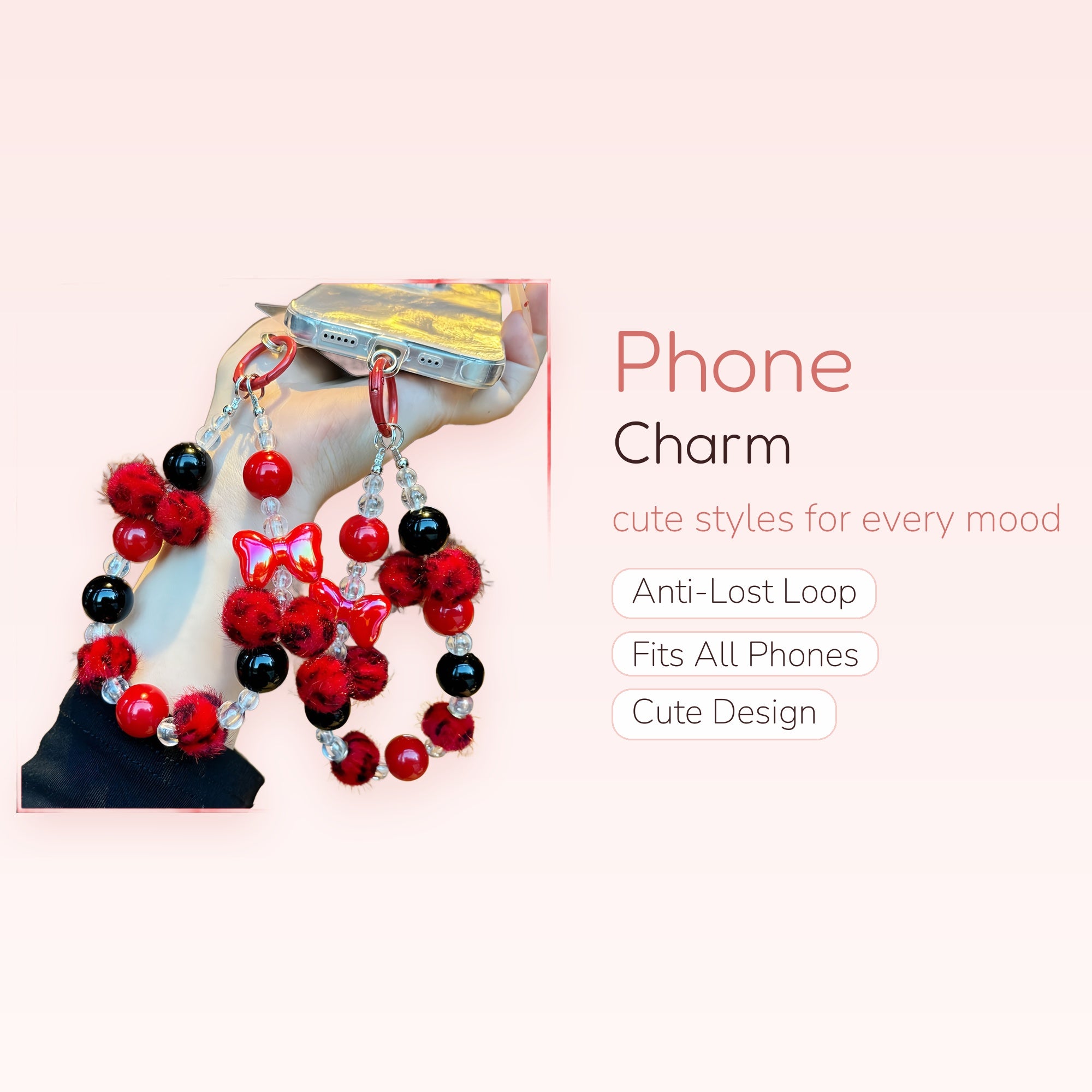 Kawaii Red & Black Beaded Phone Charm Strap | Fuzzy Pom Pom & Bow Wrist Lanyard