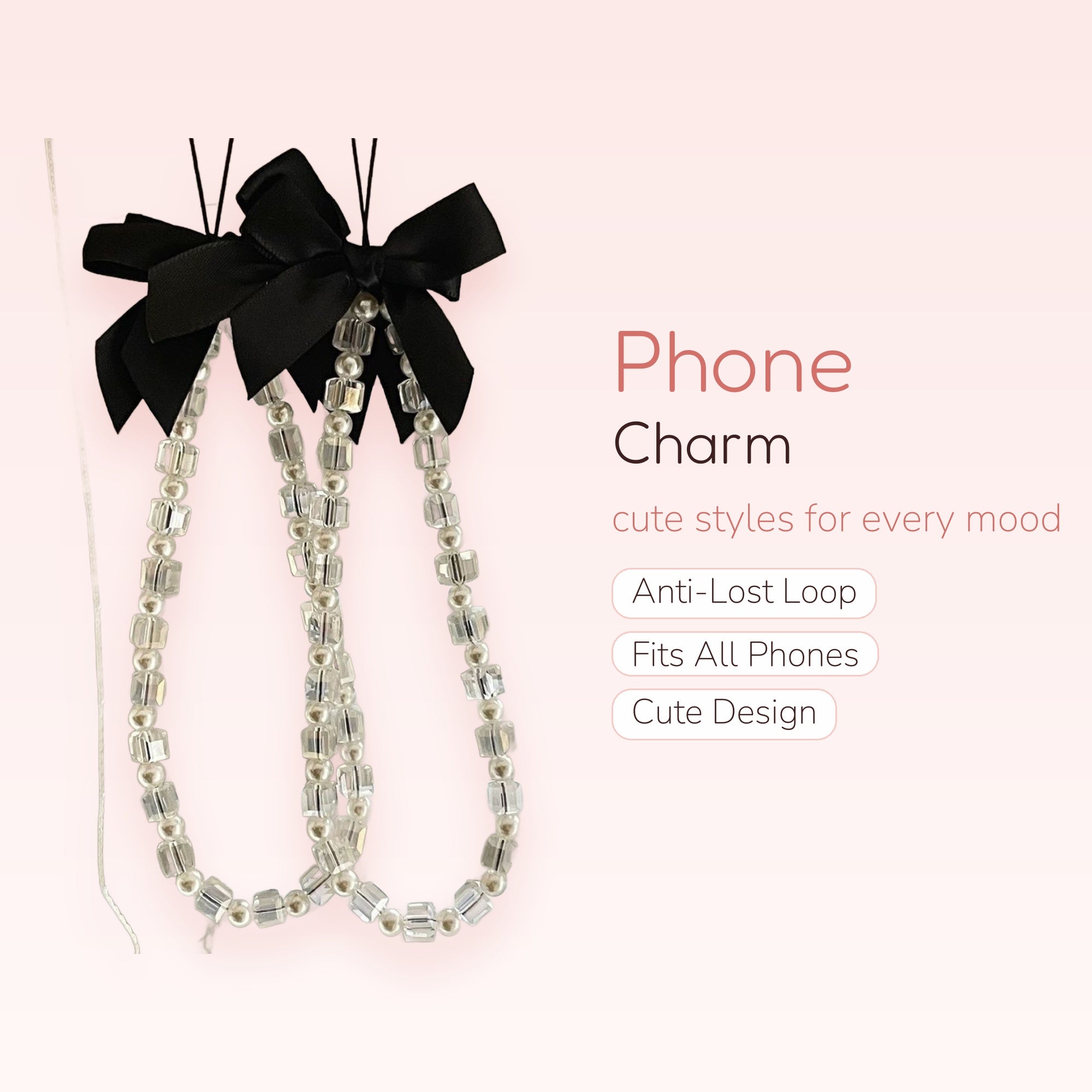 Clear Cube & Pearl Phone Charm Strap | Aesthetic Beaded Wrist Lanyard