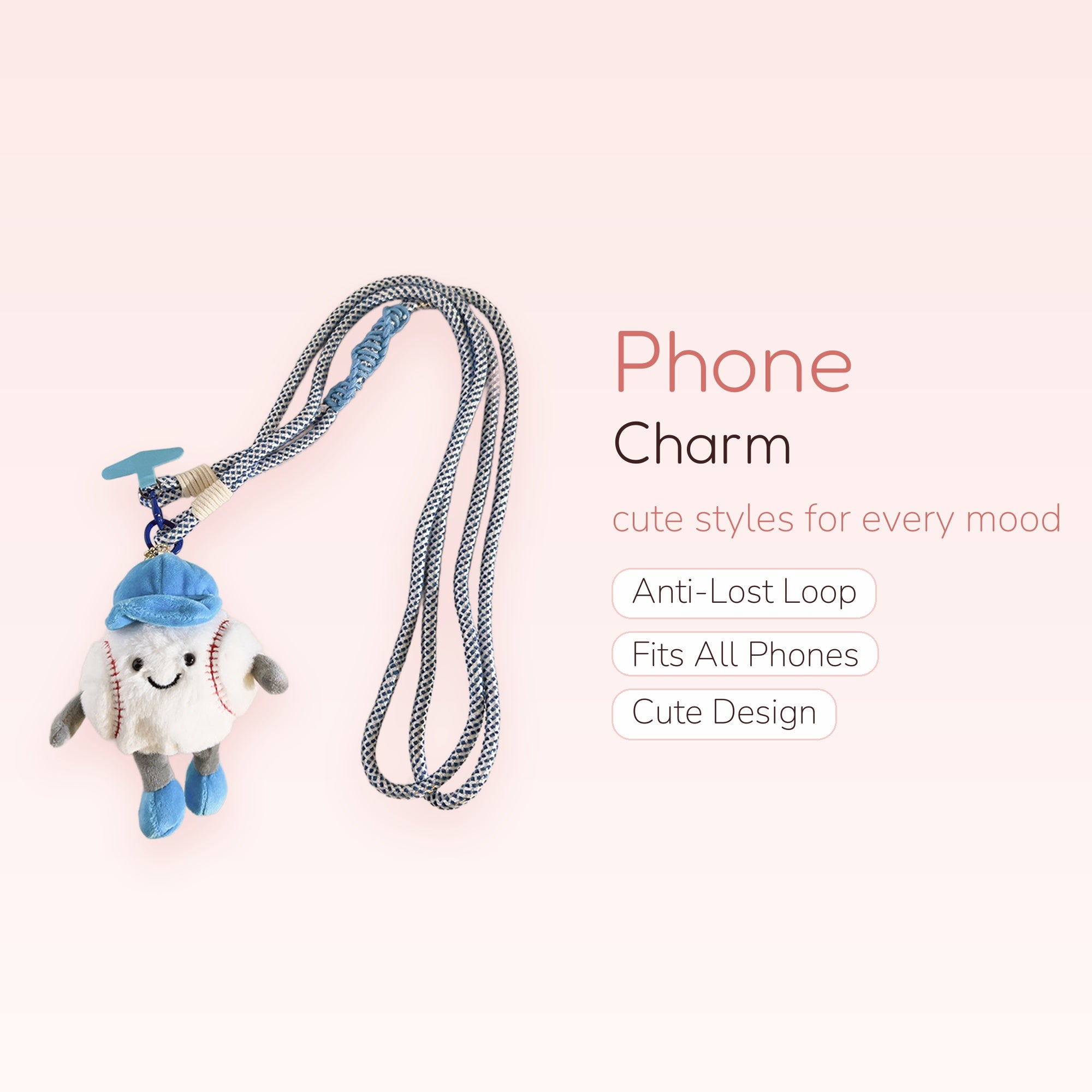 Kawaii Baseball Plush Phone Charm Lanyard | Cute Blue Sports Theme Strap