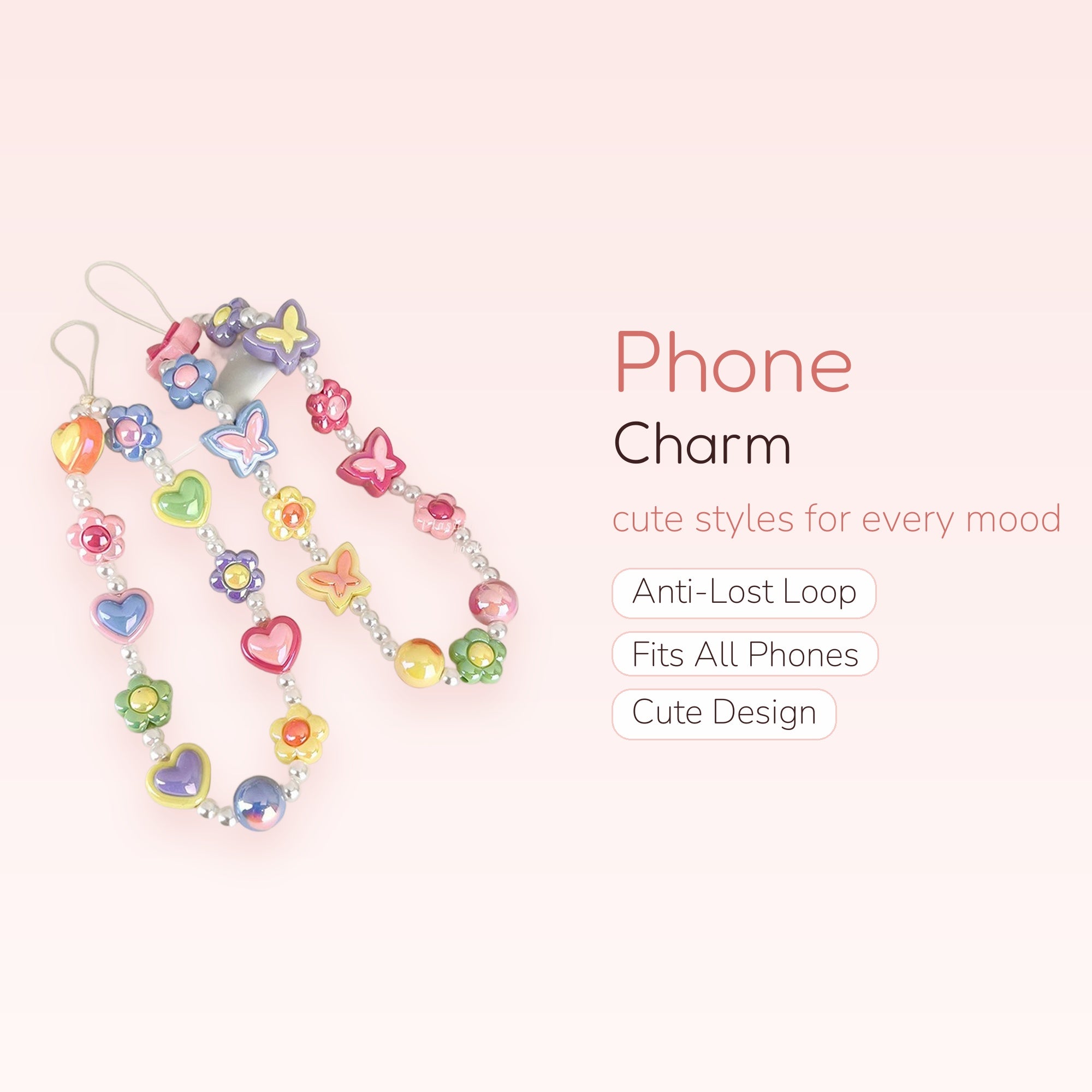 Pastel Pearl & Butterfly Flower Phone Charm | Kawaii Beaded Wrist Strap Lanyard