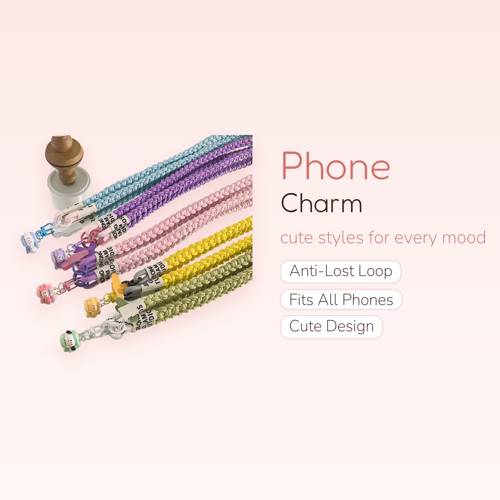 Braided Macrame Phone Charm Lanyard | Pastel Cute Character Wrist Strap