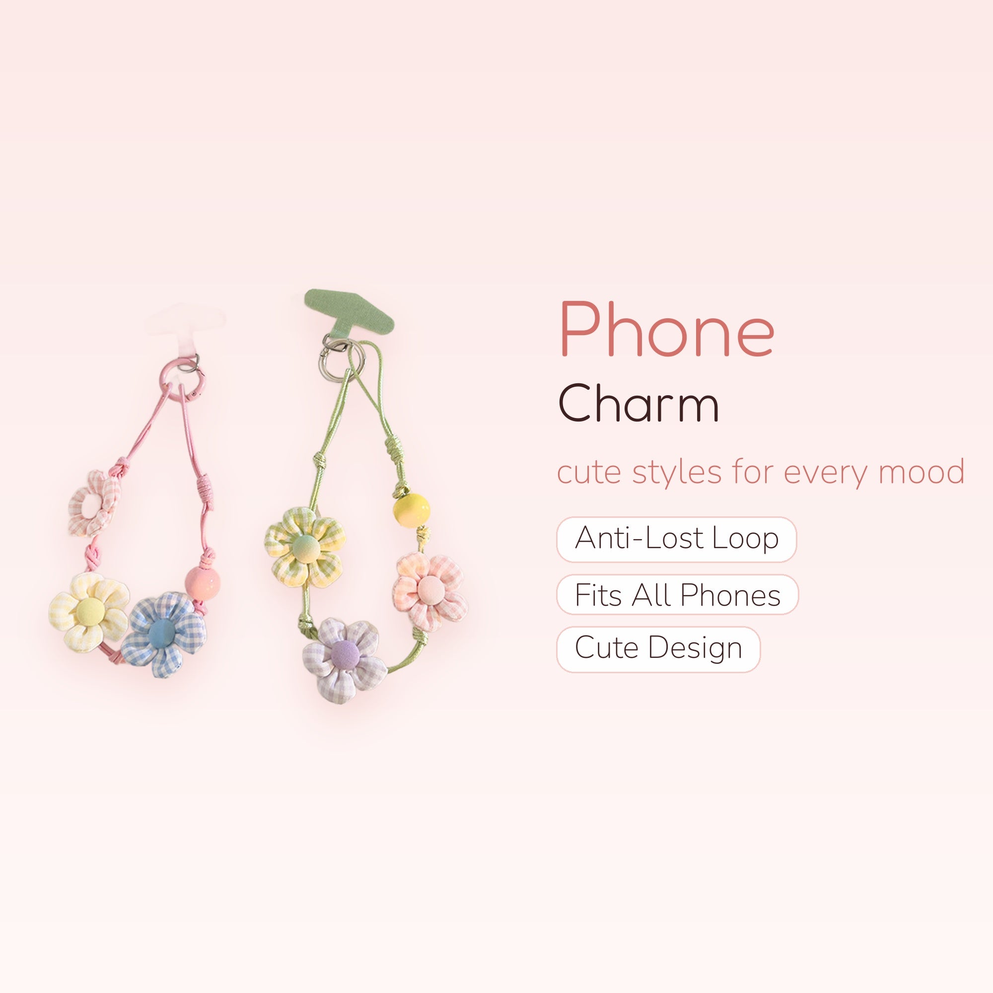 Pastel Gingham Flower Phone Charm Strap | Cute Beaded Wrist Lanyard