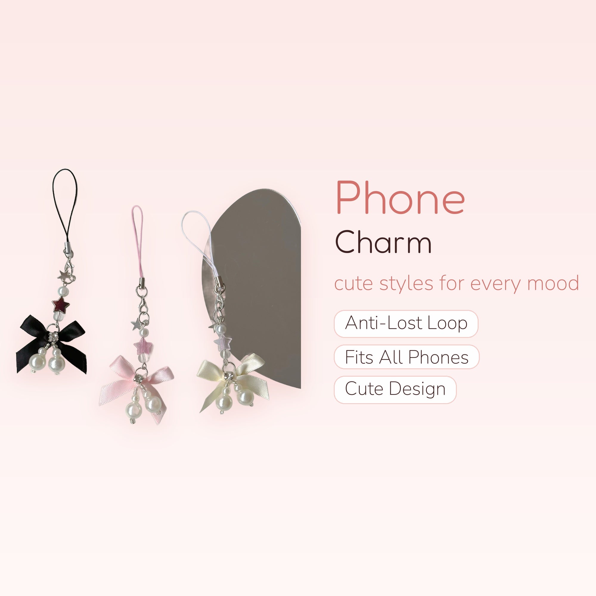 Kawaii Pearl & Star Phone Charm Strap | Pastel Ribbon Bow Beaded Wrist Lanyard