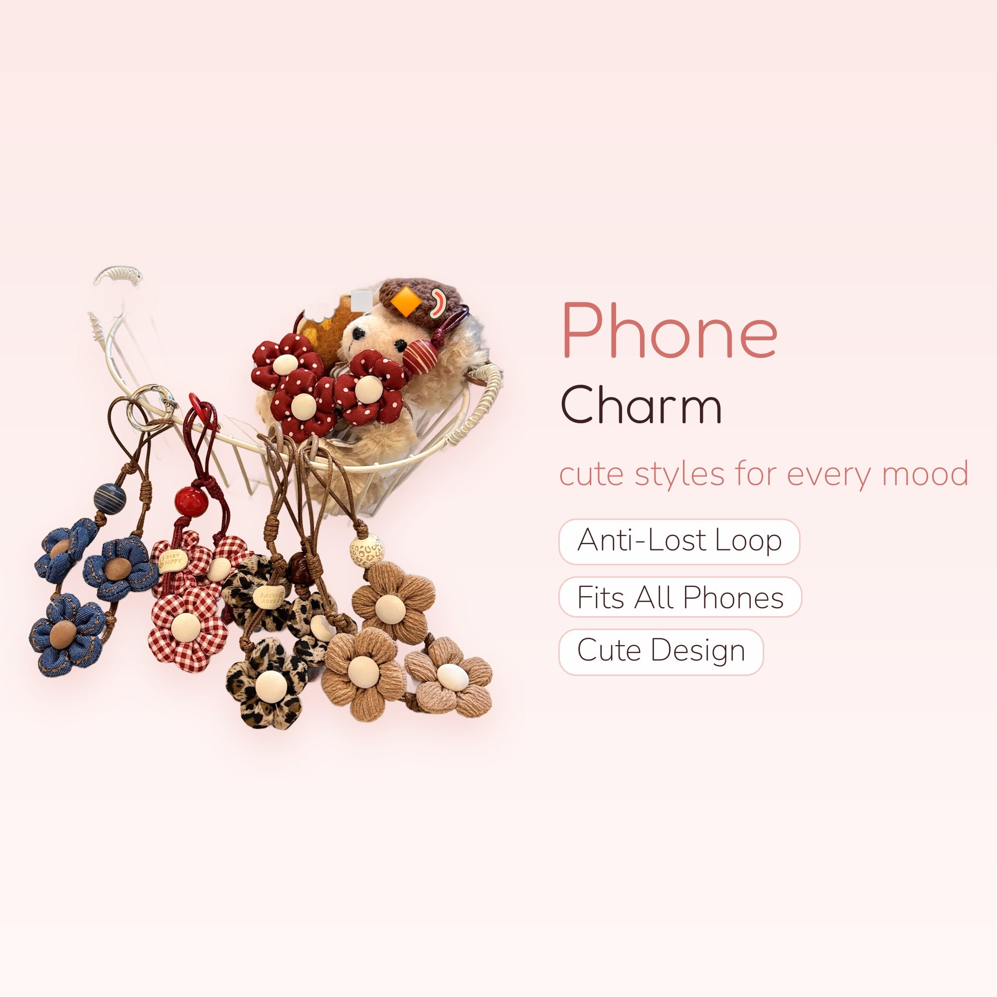 Cute Fabric Flower Phone Charm Wristlet | Aesthetic Plaid & Leopard Print Phone Strap