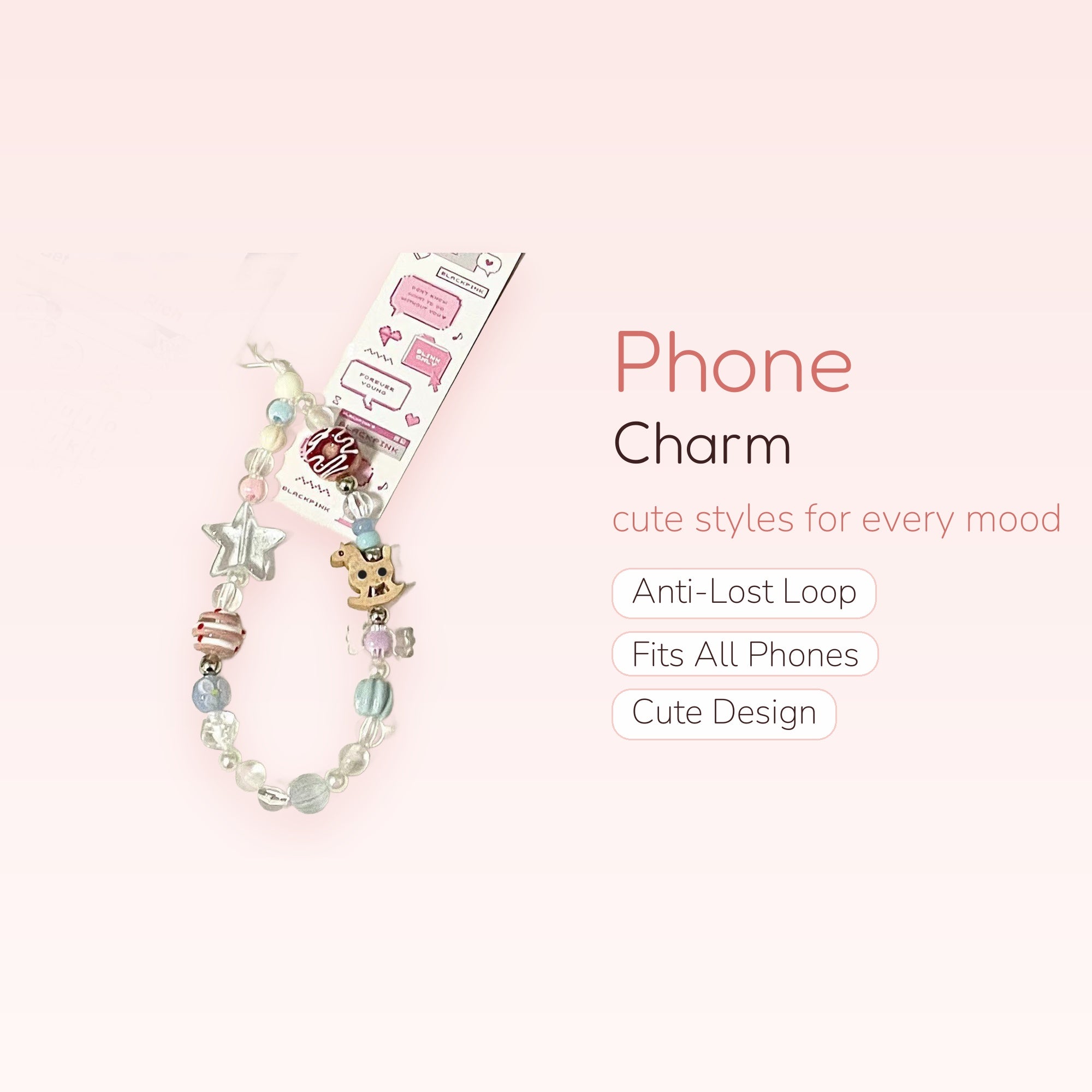 Pastel Beaded Phone Charm Strap with Star & Rocking Horse Charms | Cute Y2K Aesthetic Phone Accessory
