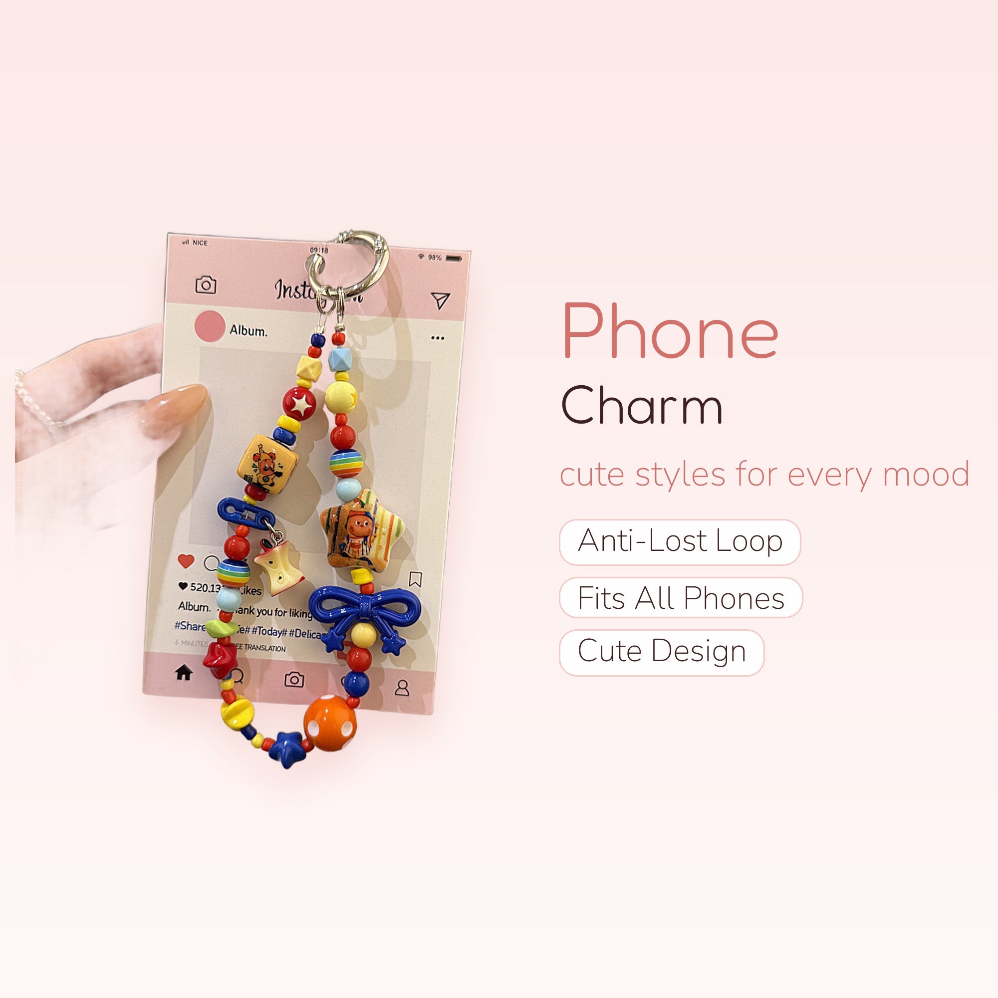 Kawaii Colorful Beaded Phone Charm | Y2K Rainbow Star & Bow Wrist Lanyard