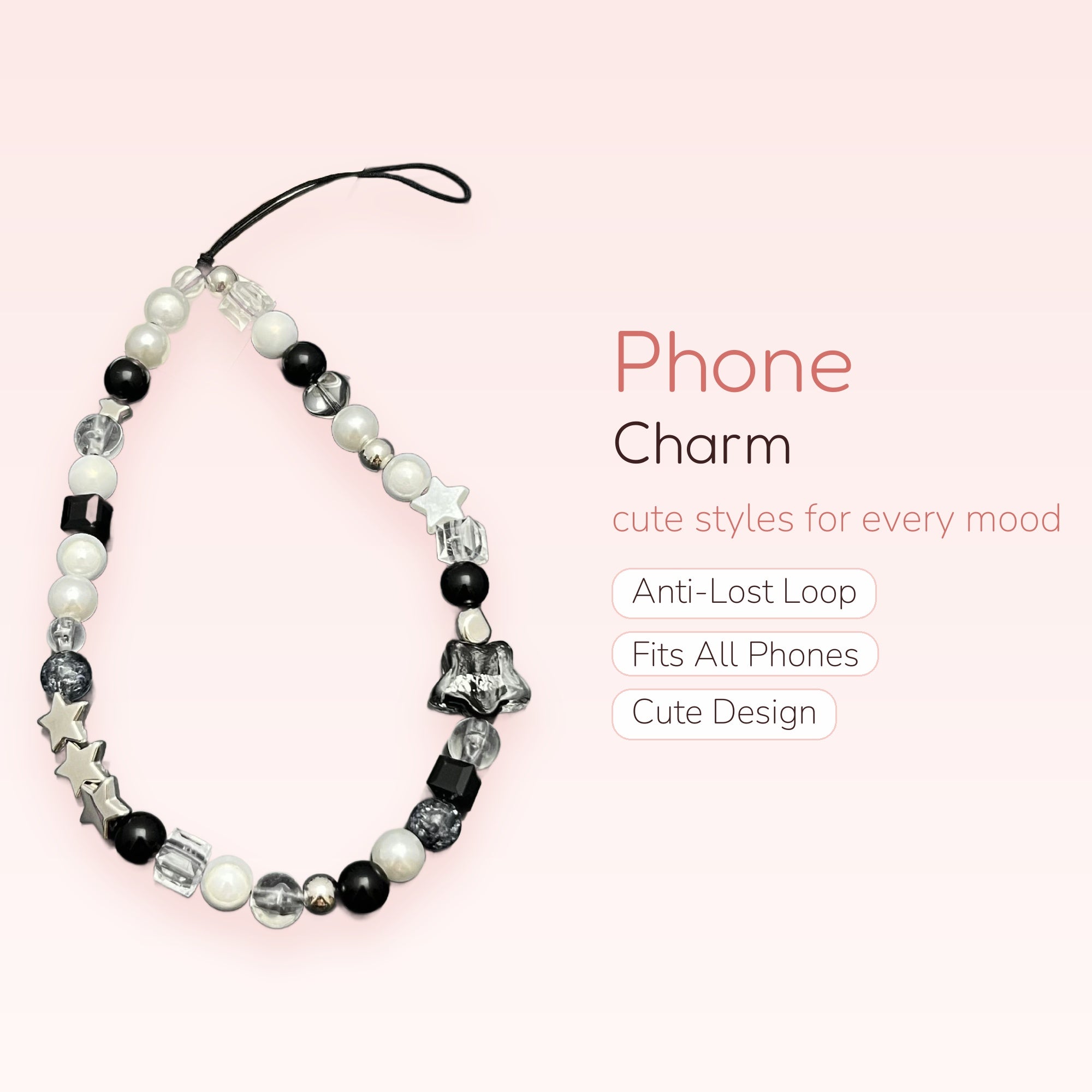 Monochrome Star & Pearl Phone Charm | Aesthetic Beaded Wrist Lanyard