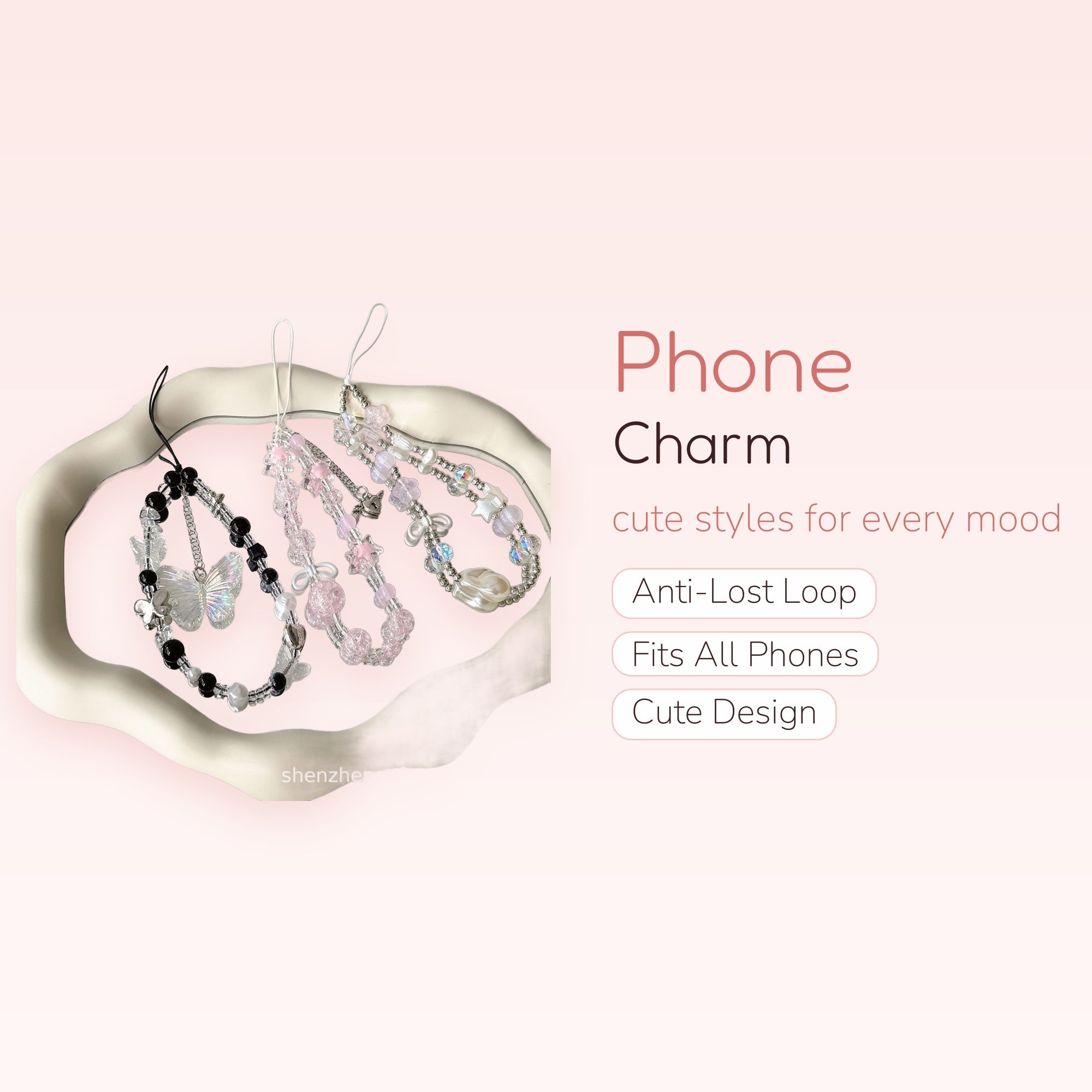 Kawaii Beaded Phone Charm Strap | Pastel Pink & Black Butterfly Wrist Lanyard