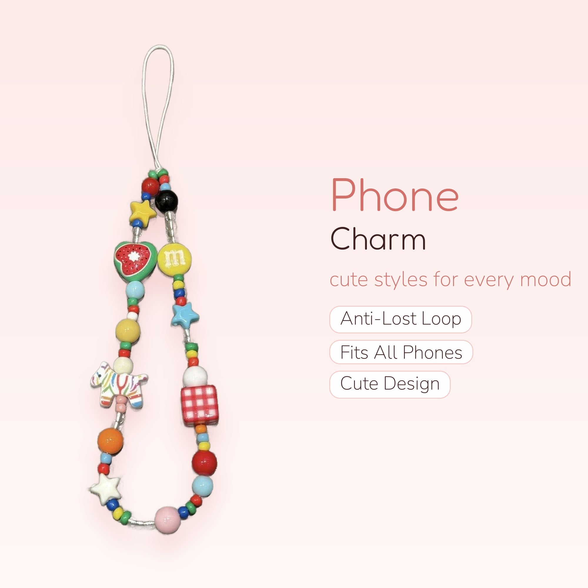 Kawaii Colorful Beaded Phone Charm | Y2K Fruit, Star & Zebra Wrist Strap