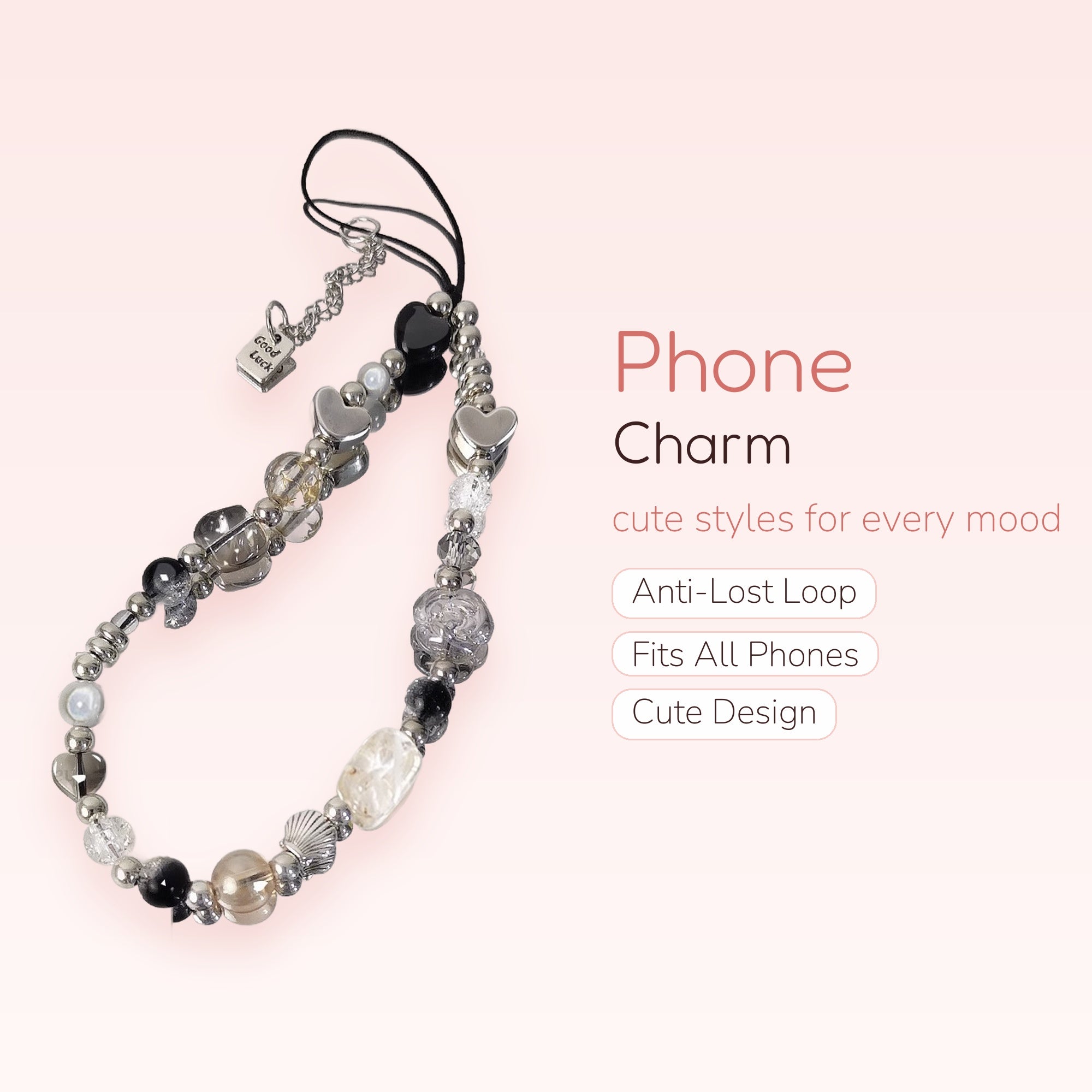 Aesthetic Silver & Black Heart Phone Charm | Beaded Wrist Strap with "Good Luck" Charm