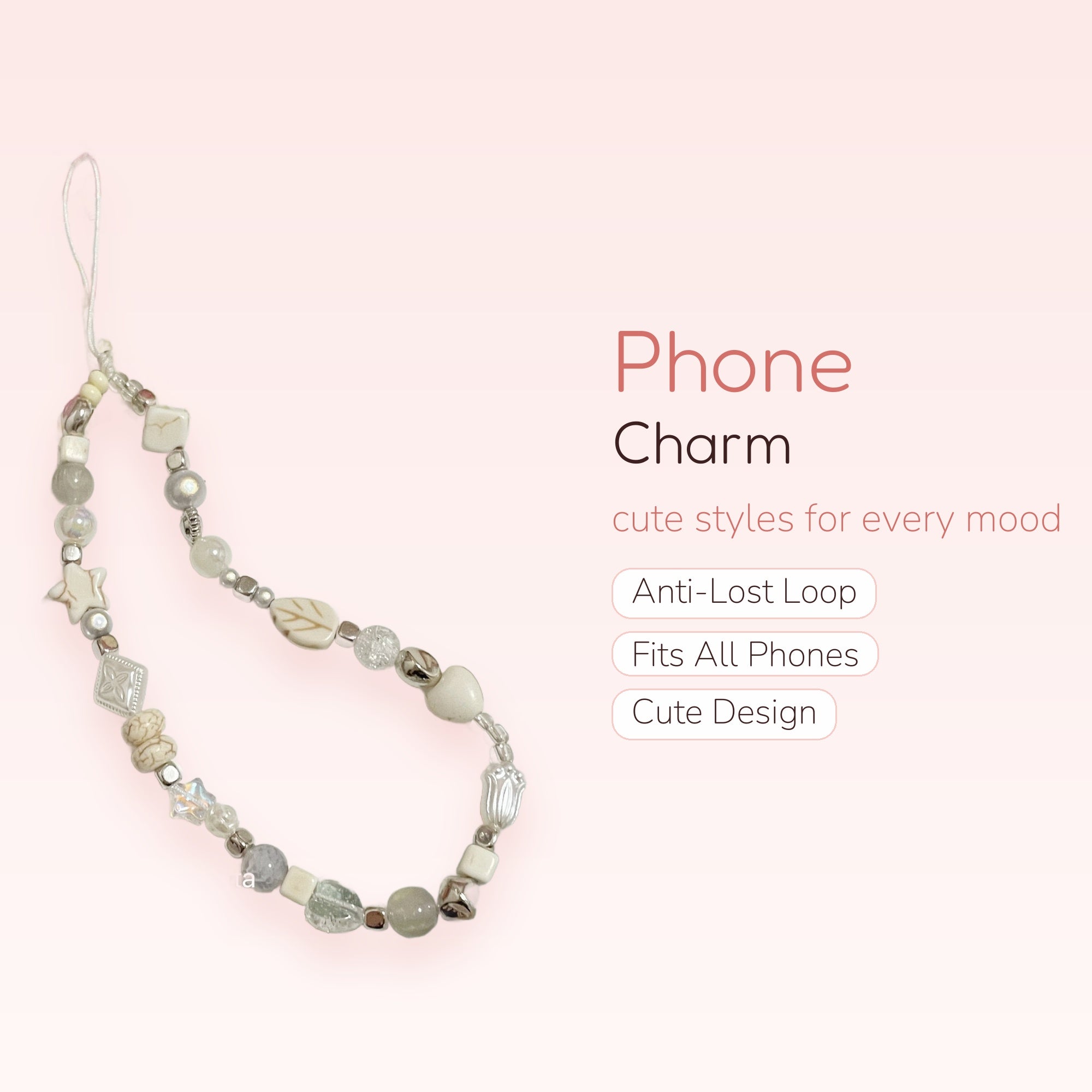 Aesthetic White & Gray Beaded Phone Charm | Cute Star & Leaf Wrist Strap