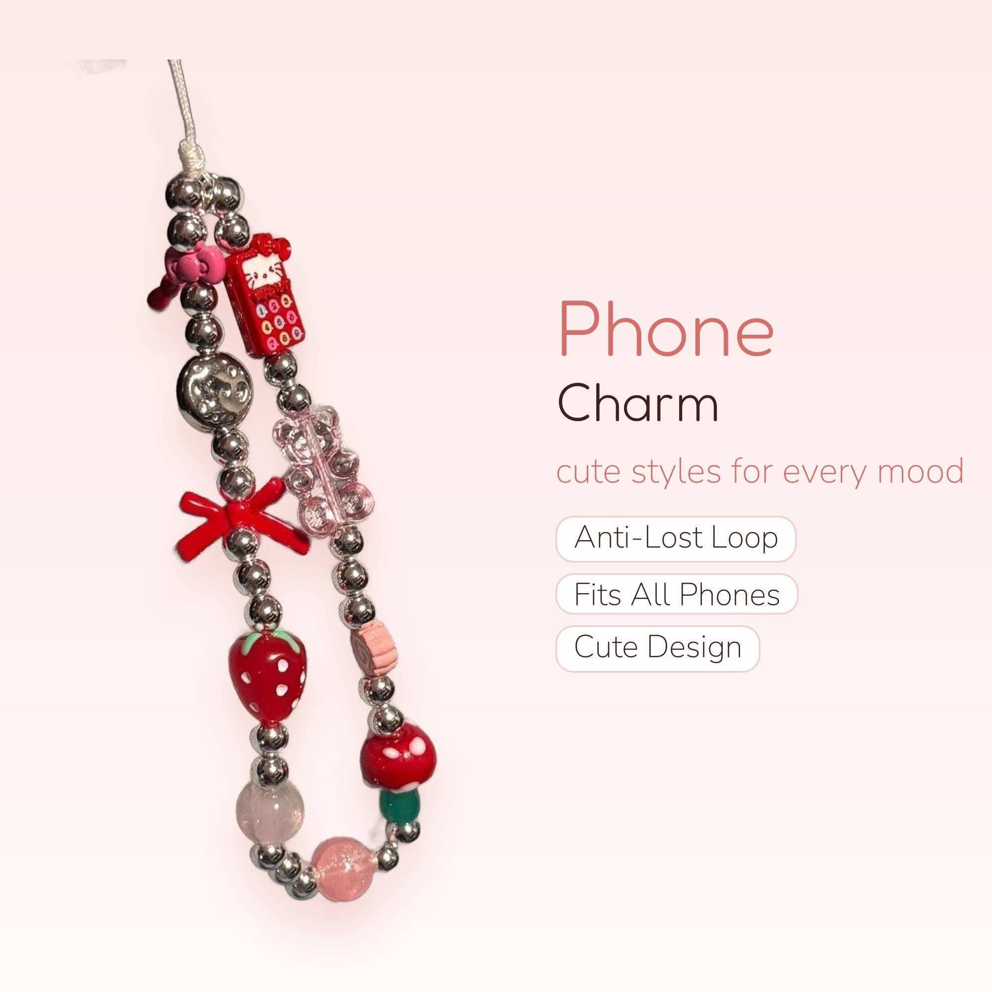 Y2K Silver Beaded Phone Charm with Hello Kitty Phone & Strawberry Charms | Kawaii Wrist Strap