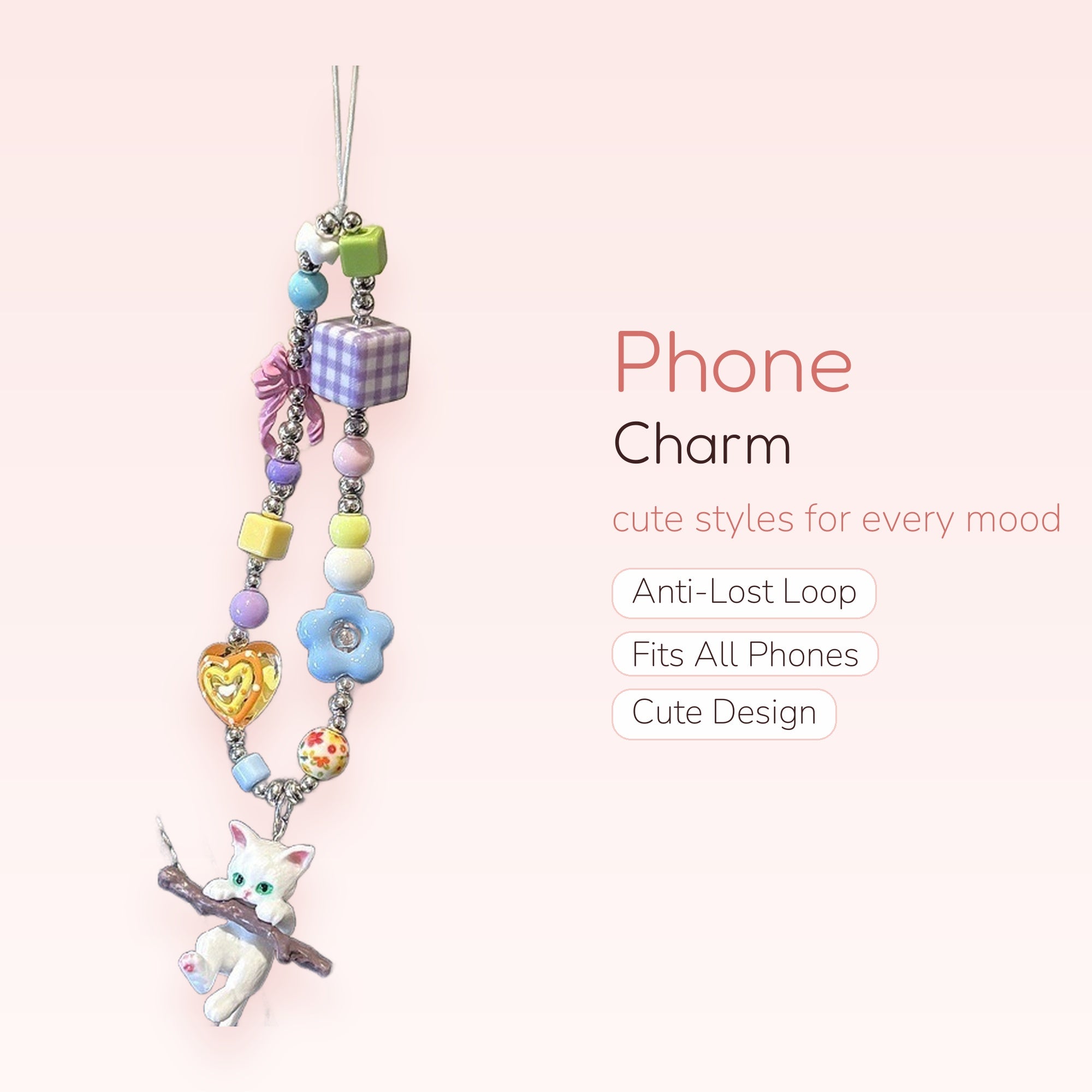 Pastel Beaded Cat Phone Charm | Kawaii Y2K Aesthetic Wrist Strap