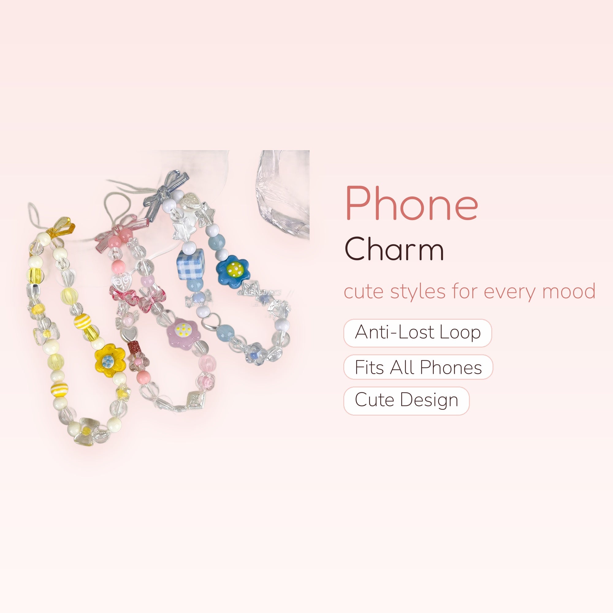 Kawaii Pastel Beaded Phone Charm Strap | Y2K Aesthetic Wrist Lanyard