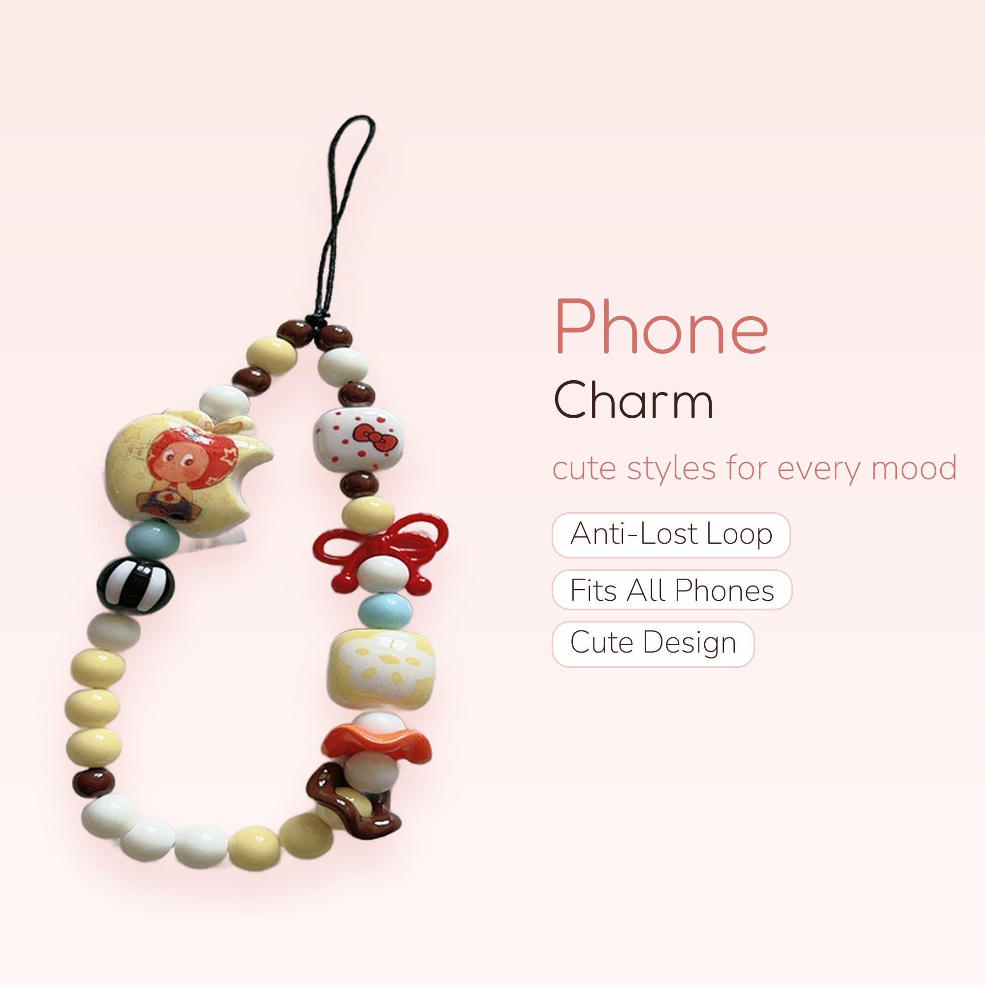 Kawaii Beaded Phone Charm Strap | Cute Hello Kitty & Apple Wrist Lanyard