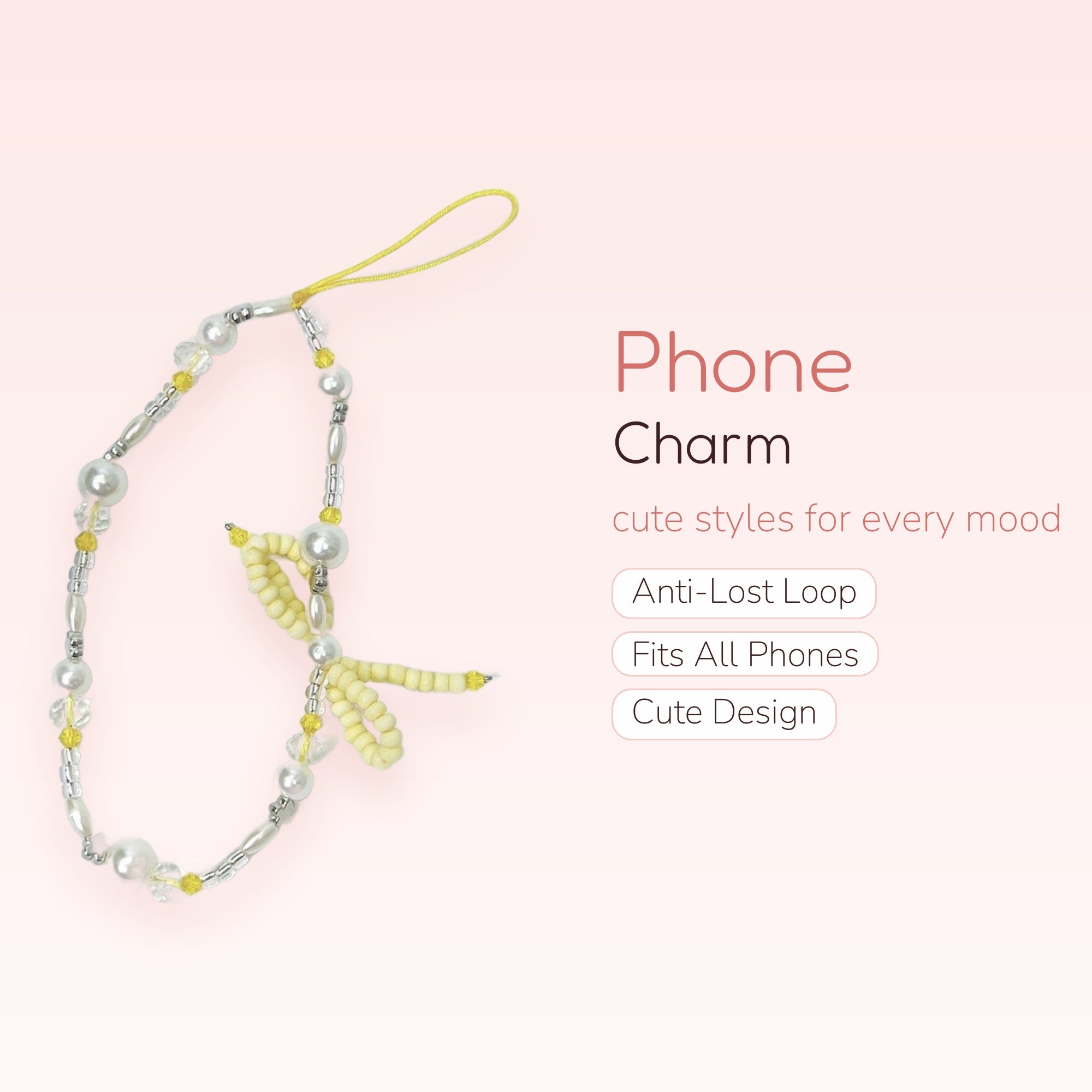 Elegant Pearl & Yellow Beaded Phone Charm | Cute Butterfly Wrist Strap
