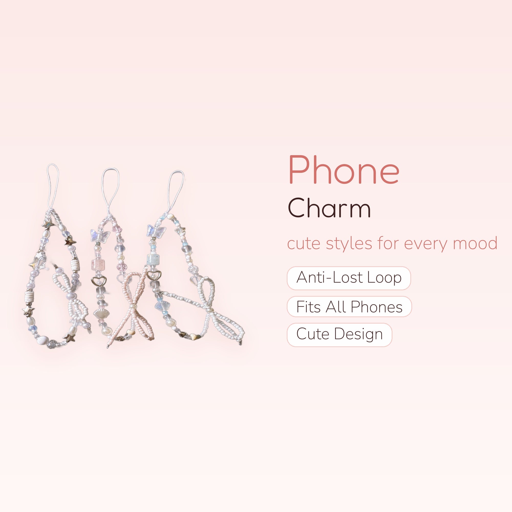 Kawaii Pearl & Butterfly Phone Charm Strap | Pastel Beaded Wrist Lanyard