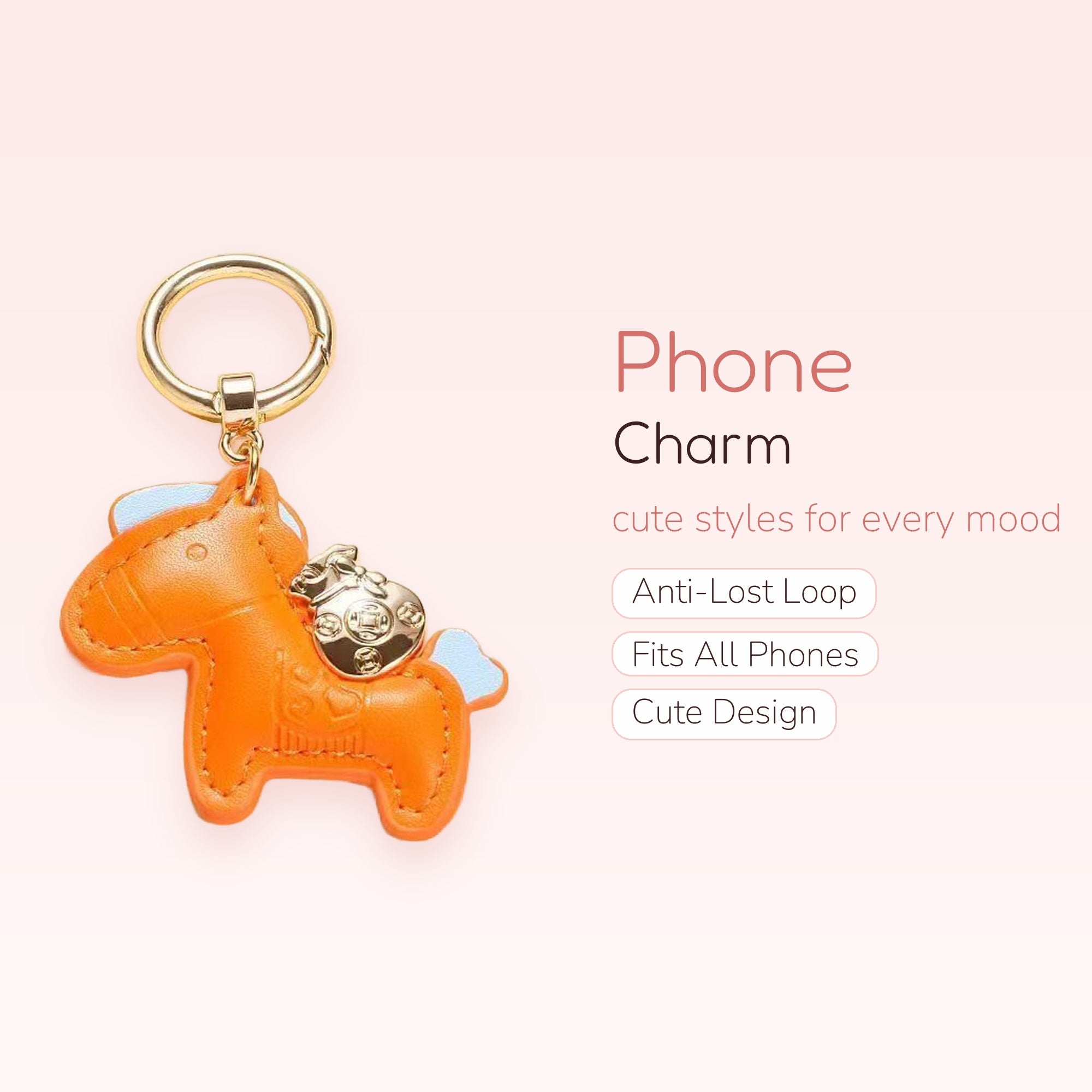 Cute Orange Leather Horse Phone Charm | Lucky Money Bag Keychain Pendant