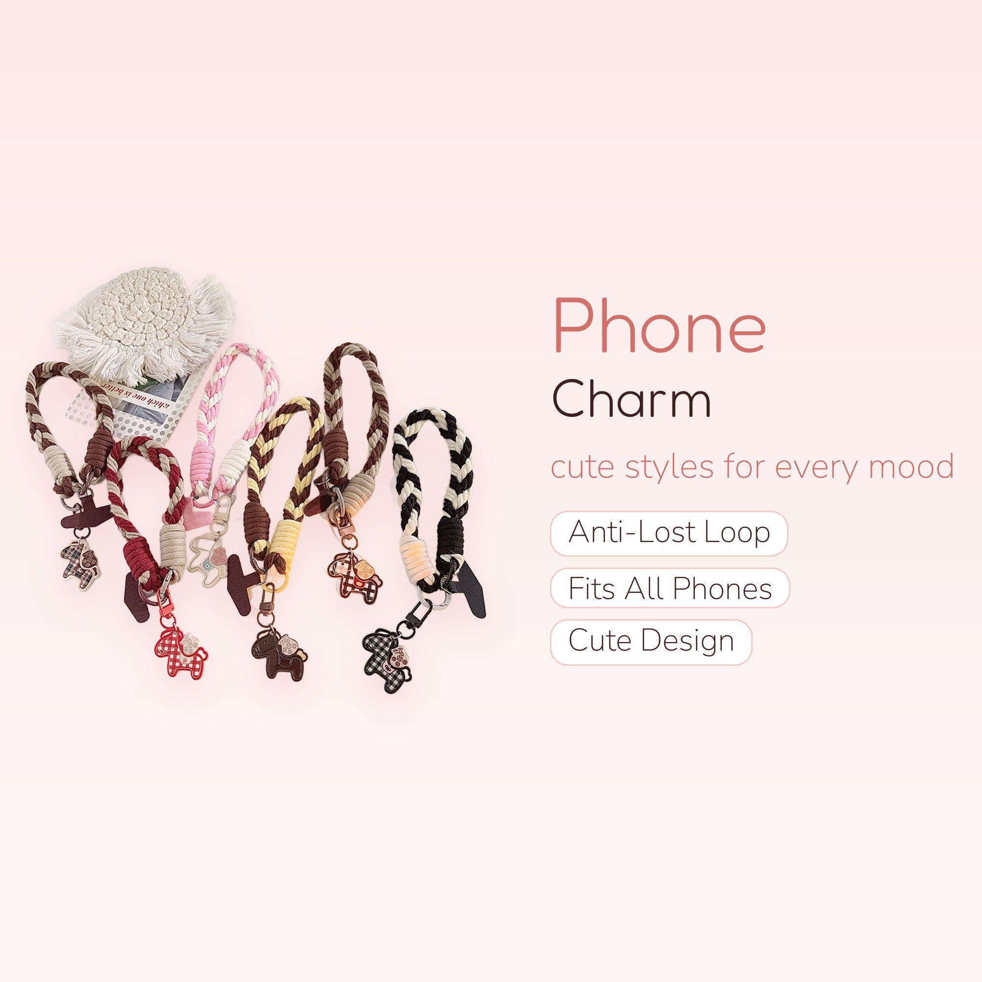 Braided Rope Horse Phone Charm Wristlet | Kawaii Plaid Horse Lanyard