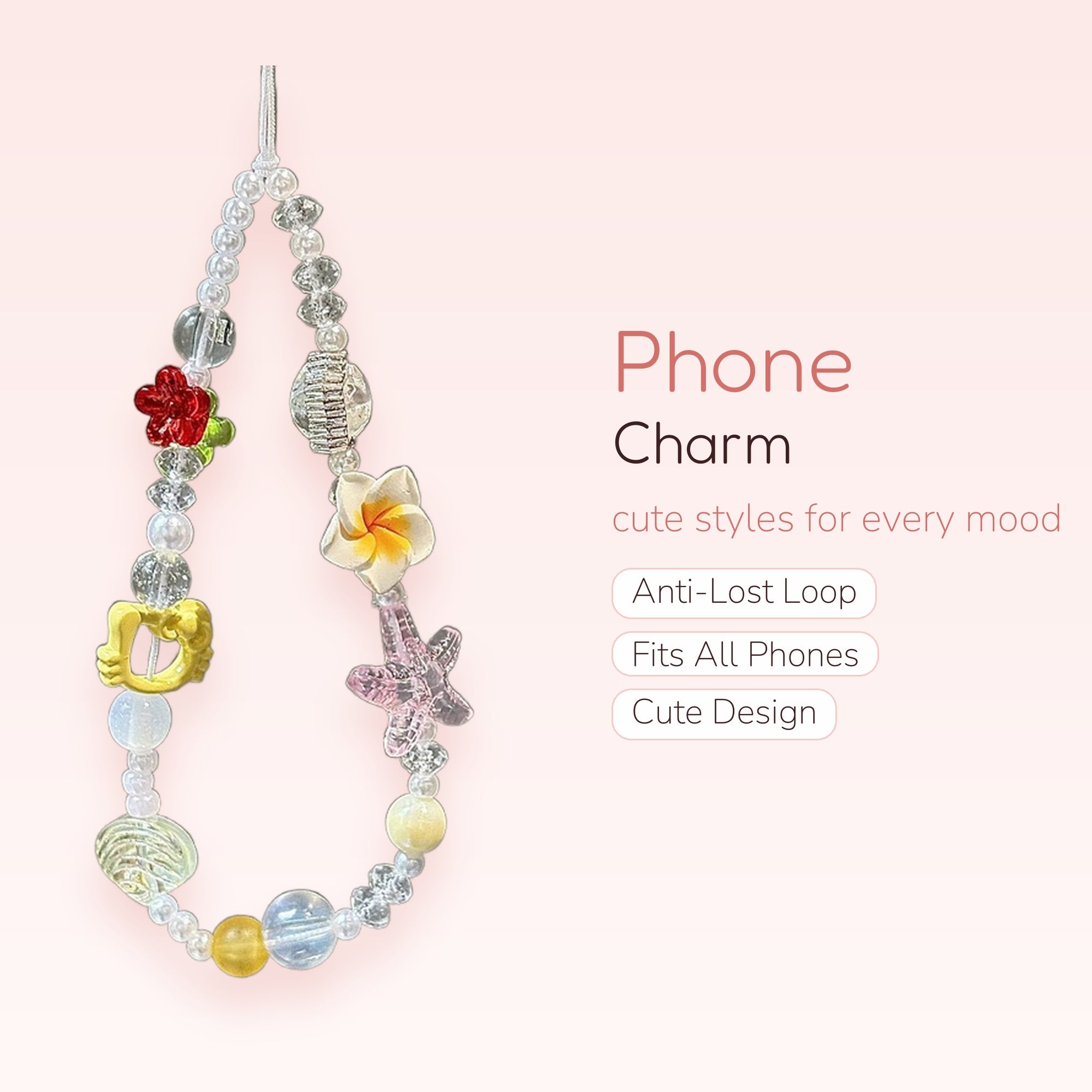 Aesthetic Beaded Phone Charm Strap | Kawaii Flower & Starfish Wrist Lanyard